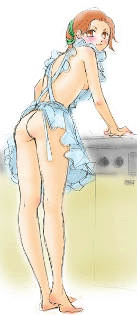 aozora_kyuuji apron ass blush brown_eyes brown_hair cath_(fire_emblem) cupboard female female_only fire_emblem fire_emblem:_the_binding_blade hair_ribbon kitchen looking_over_shoulder naked_apron nude smile standing