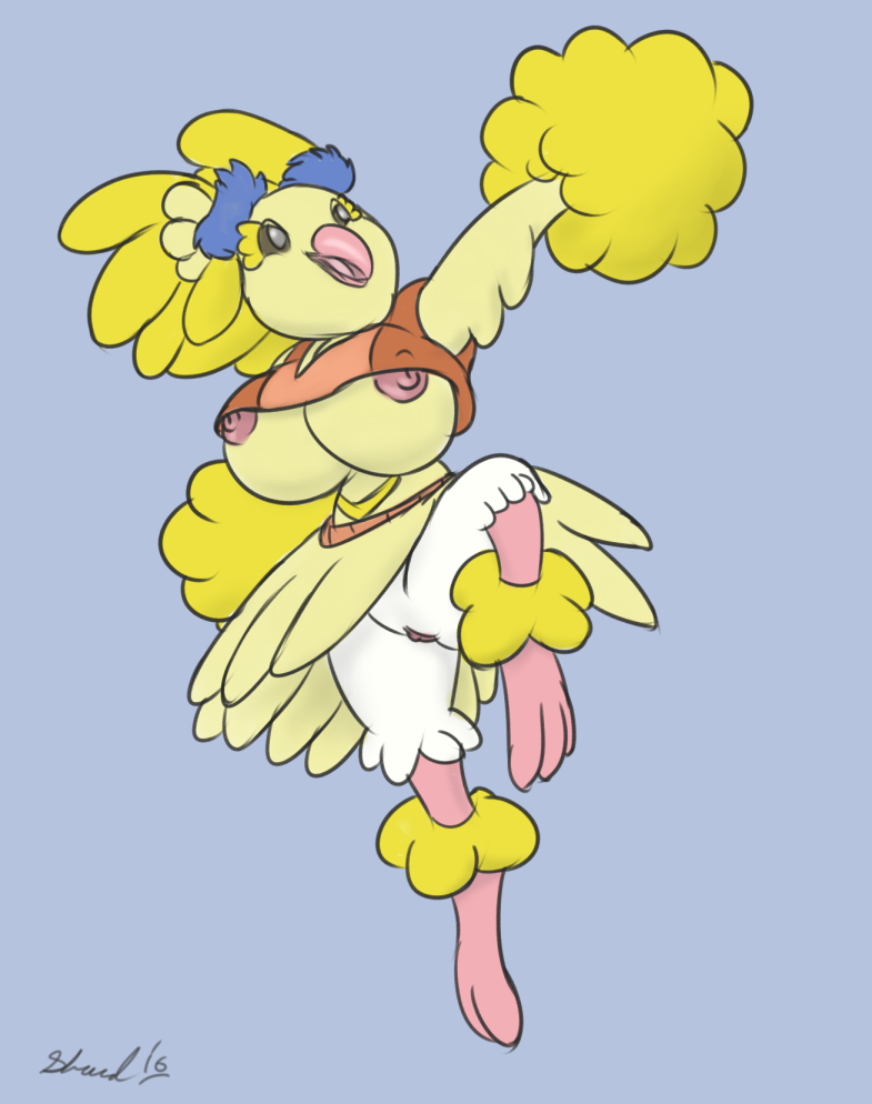 1girls anthro avian big_breasts bird breasts cheerleader feathers female flashing nintendo oricorio pokemon pokemon_sm shardshatter simple_background video_games