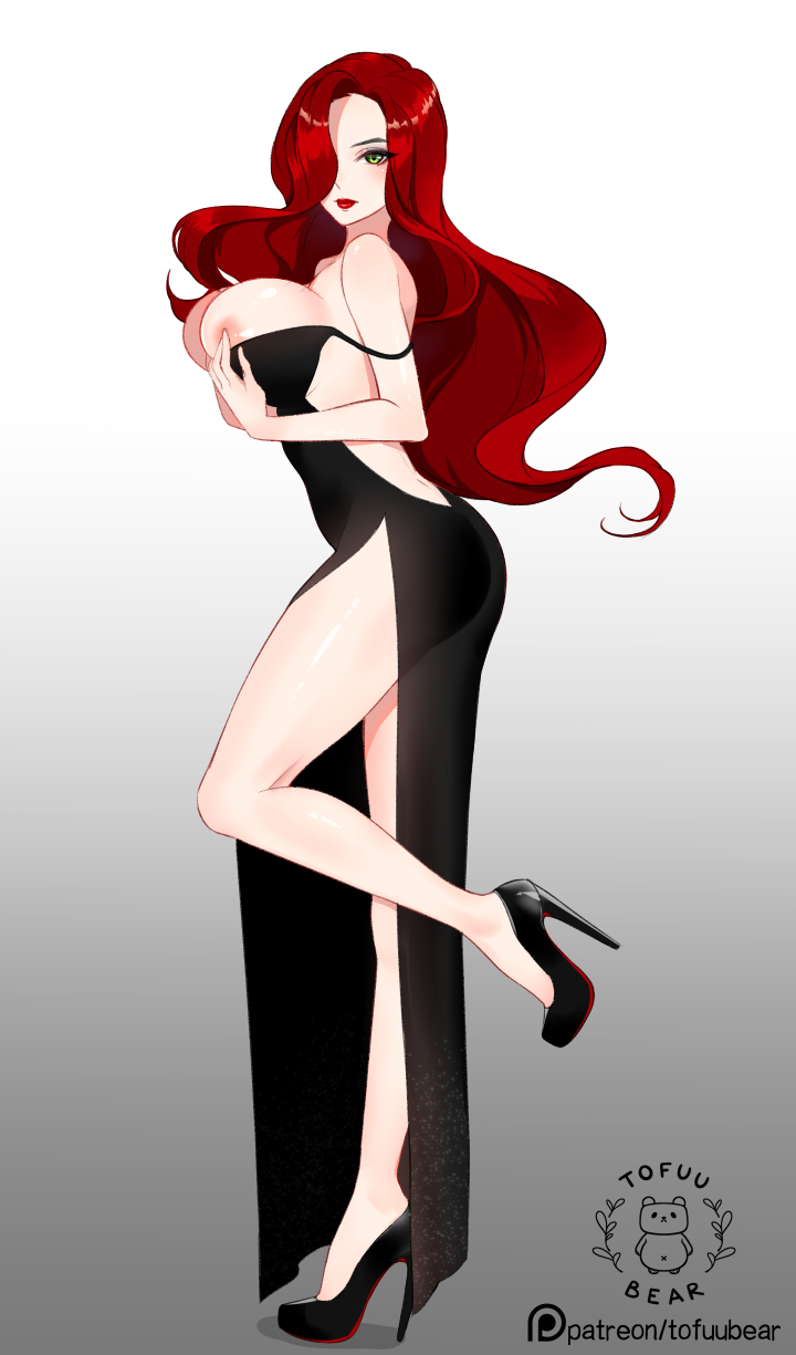 areolae, big breasts, breasts, dress, female, female only, hair over eye, high heels, large breasts, league of legends, lipstick, long dress, long hair, looking at viewer, miss fortune, nipples, red bottom heels, red hair, red lipstick, solo, tofuubear