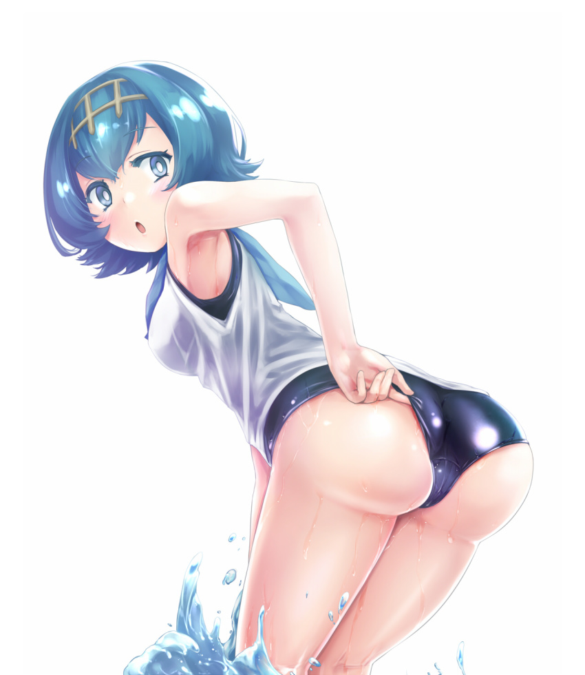 adjusting clothes, adjusting swimsuit, armpits, ass, back, blue eyes, blue hair, blush, breasts, color, eyelashes, female, female only, hairband, human, lana (pokemon), looking at viewer, looking back, nintendo, open mouth, pokemon, pokemon sm, short blue hair, short hair, simple background, sleeveless, solo, standing, swimsuit, swimsuit under clothes, trial captain, tsuyukusa aoi, water, wet, white background