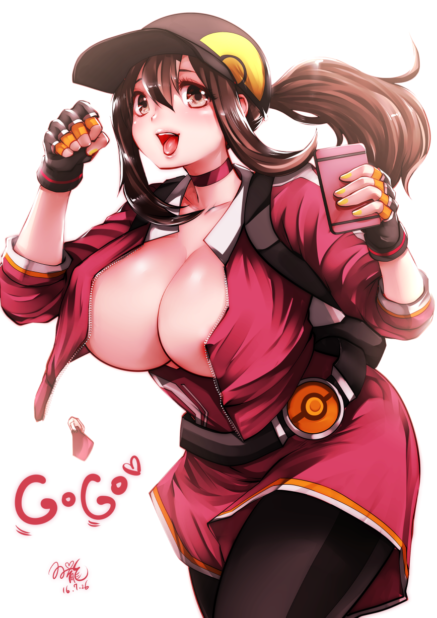 2016 areola_slip areolae backpack bag baseball_cap belt black_gloves black_legwear blush breasts brown_eyes brown_hair cellphone choker clenched_hand collarbone dated female female_protagonist_(pokemon_go) fingerless_gloves gloves handwear hat huge_breasts human leggings long_hair open_clothes open_mouth outerwear phone pokemon pokemon_go ponytail signature simple_background smile solo souryu tied_hair unzipped w_arms white_background