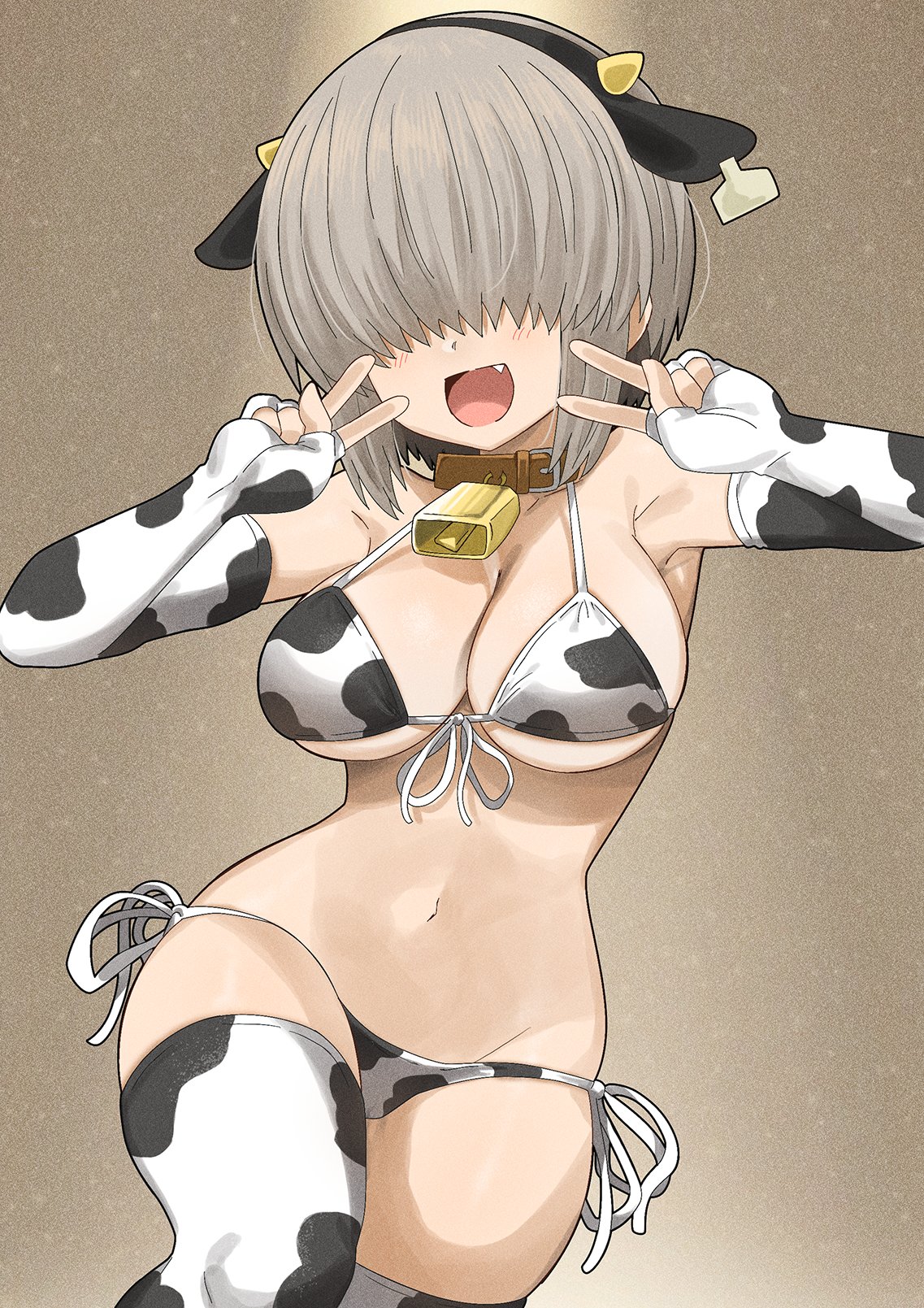 1girls, armwear, bell, bell collar, big breasts, bikini, bikini bottom, bikini top, bottomwear, breasts, cleavage, collar, cow bell, cow bell collar, cow bikini, cow ears, cow horns, cow print, cow print armwear, cow print bikini, cow print gloves, cow print legwear, cow print thighhighs, cow tail, cowbell, cowkini, double peace sign, elbow gloves, fake animal ears, female, female only, fingerless gloves, gaston18, gloves, grey hair, hair, hair over eyes, hips, legwear, neckwear, open mouth, peace sign, revealing clothes, short hair, skimpy clothes, smile, solo, solo female, swimwear, thighhighs, thighs, topwear, uzaki yanagi, uzaki-chan wa asobitai!