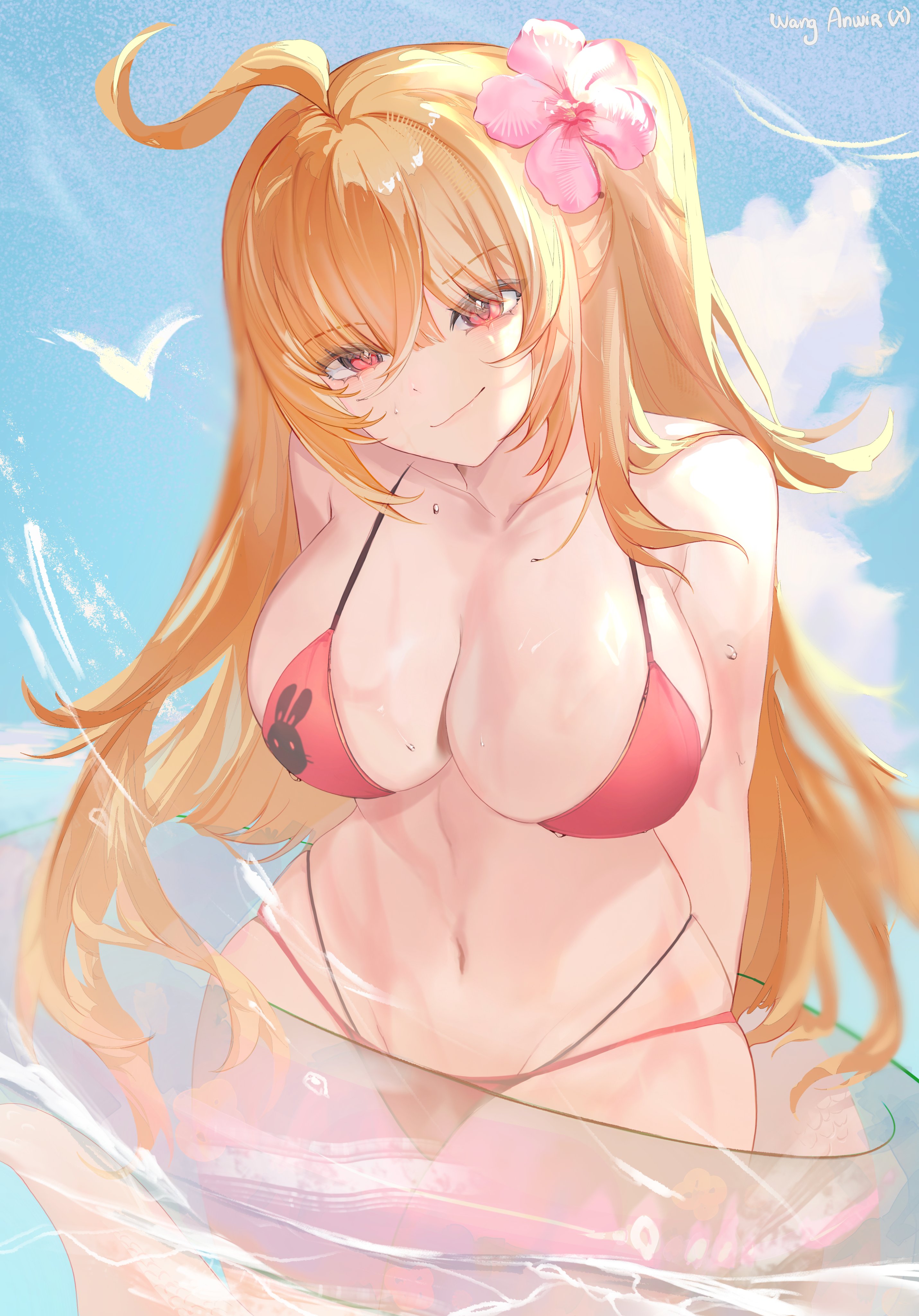 1girl, absurdres, alternate costume, bikini, blonde hair, blue sky, breasts, cissia (zenless zone zero), closed mouth, cloud, collarbone, commentary, cowboy shot, english commentary, female, female only, flower, hair between eyes, hair flower, hair ornament, highres, large breasts, long hair, looking at viewer, navel, outdoors, pink flower, red bikini, red eyes, sky, solo, swim ring, swimsuit, wanganwir, water, wet, zenless zone zero