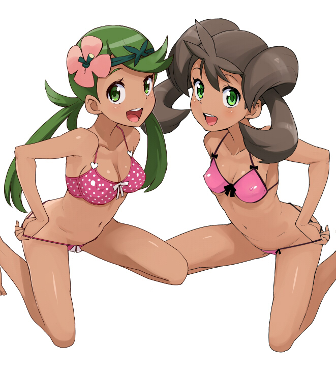 :d, 2girls, armpits, bare shoulders, bikini, blush, breasts, brown hair, cleavage, collarbone, dark skin, dark-skinned female, erect nipples, eyelashes, female, female only, flower, green eyes, green hair, hair flower, hair ornament, hairband, hand on hips, human, human only, kneeling, long hair, looking at viewer, mallow (pokemon), medium breasts, midriff, multiple females, multiple girls, navel, nipples, open mouth, pink bikini, pokemon, pokemon sm, pokemon xy, polka dot, polka dot bikini, quad tails, shauna (pokemon), smile, string bikini, swimsuit, tamagoro, tamagoroo (funifuni labo), teeth, tied hair, tongue, twintails, white background