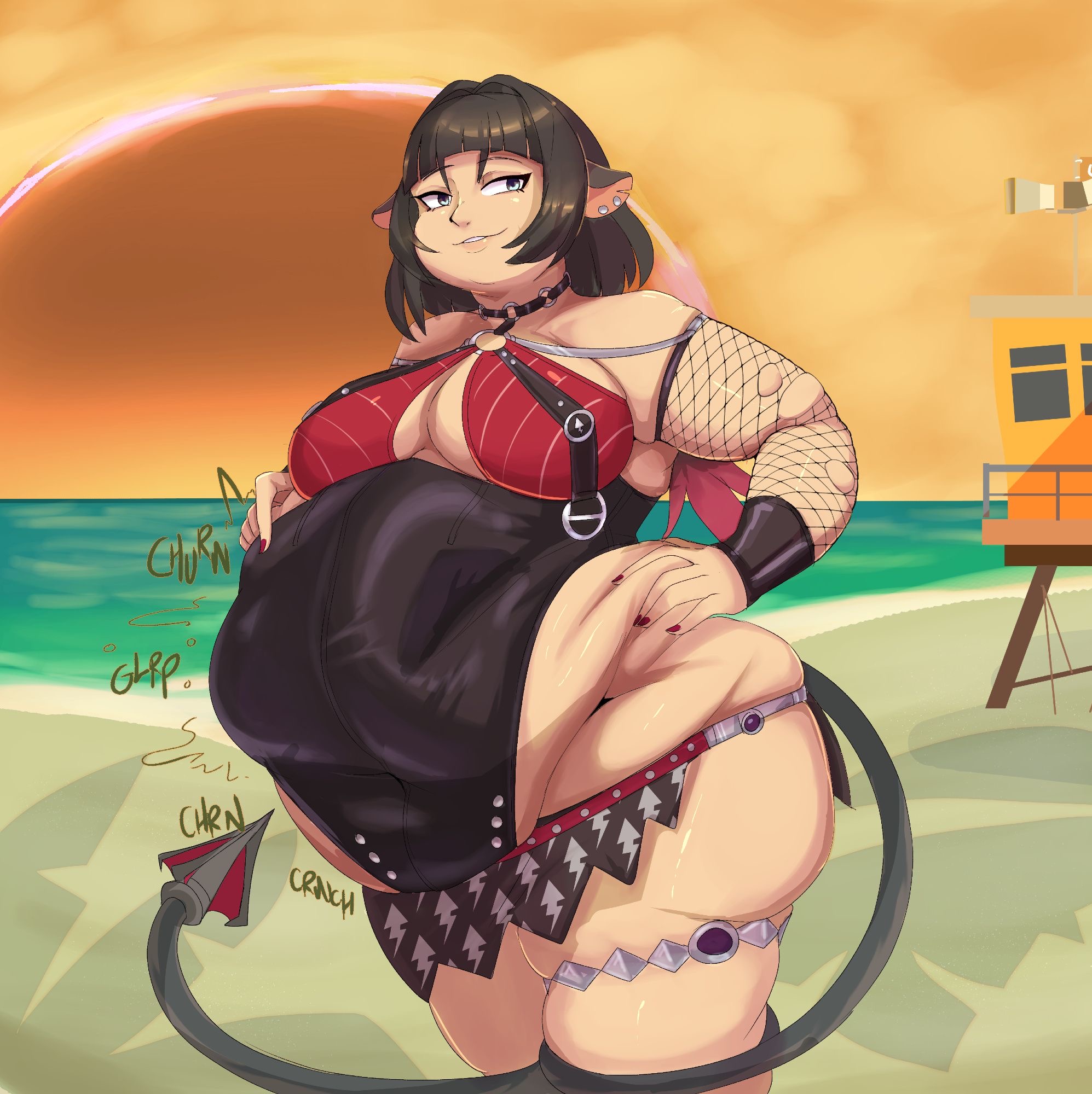 bbw, beach, belly, belly noises, big belly, big breasts, breasts, caramelt, fat, fat belly, fat female, fat fetish, fat thighs, female, female only, jane doe (nocturne of light) (zenless zone zero), jane doe (zenless zone zero), mouse ears, mouse tail, plump, thick thighs, vore, vore belly, zenless zone zero
