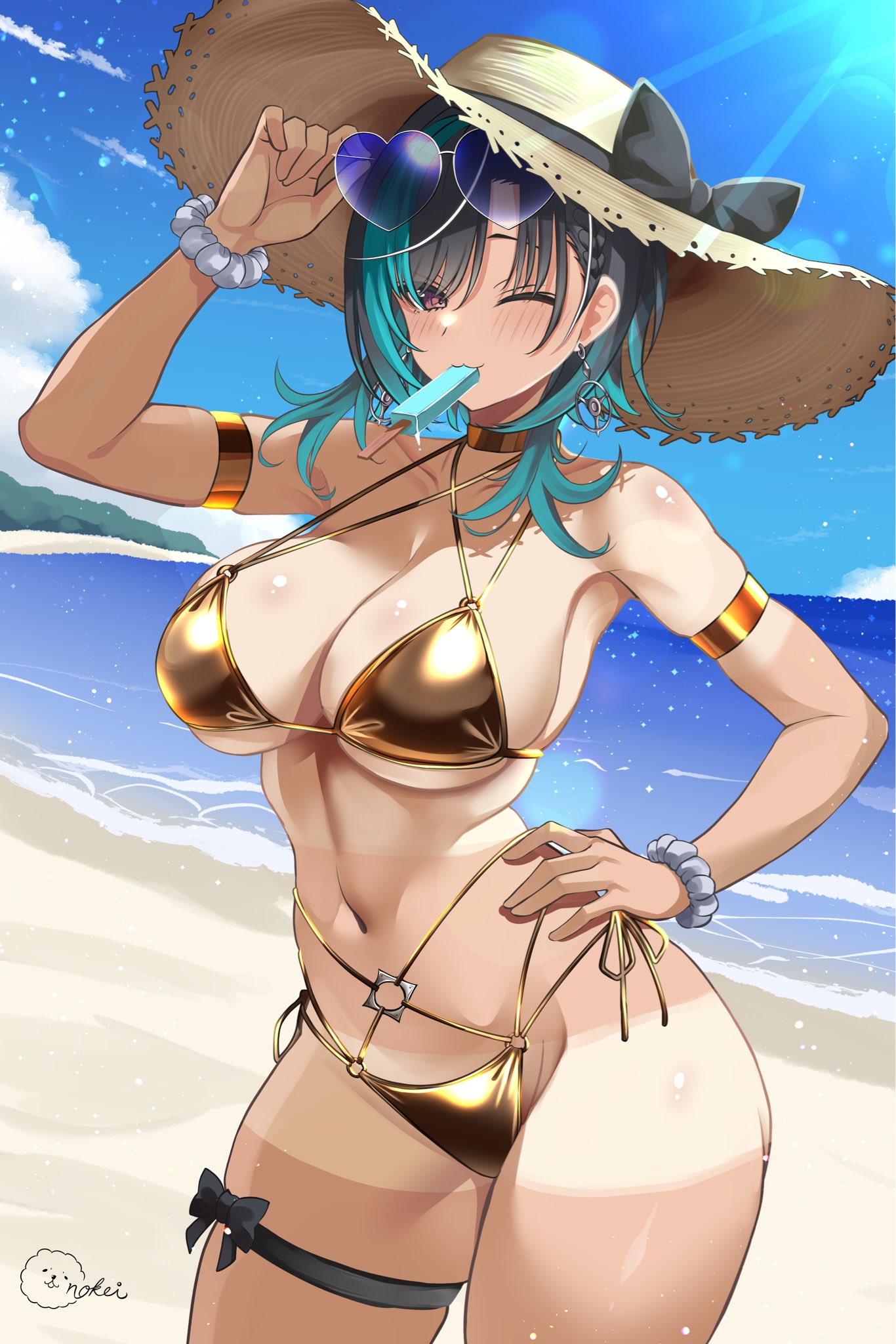 1girls, beach, beach background, beautiful woman, big breasts, bikini, breasts, female, female focus, female only, gold bikini, heart-shaped sunglasses, hololive, hololive dev is, hololive flow glow, hololive japan, ice cream, inokeiwd, large breasts, leaning to the side, light skin, light-skinned female, mature woman, one eye closed, popsicle, rindo chihaya, solo, sun hat, sunglasses, swimsuit, thick thighs, thighs, virtual youtuber, vtuber, wide hips