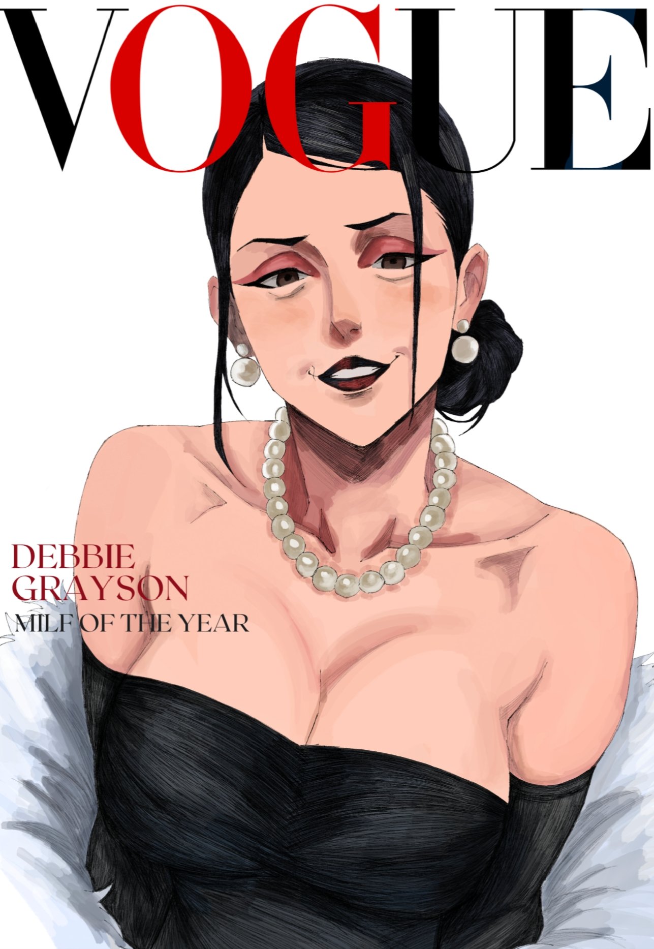 1girls, 2d, 2d (artwork), alternate version available, black dress, black hair, debbie grayson, earrings, female, female only, fur coat, hex mamaniac, invincible, invincible (tv series), milf, necklace, pearl necklace, red lipstick, solo female, solo focus, undertagged, vogue (magazine)