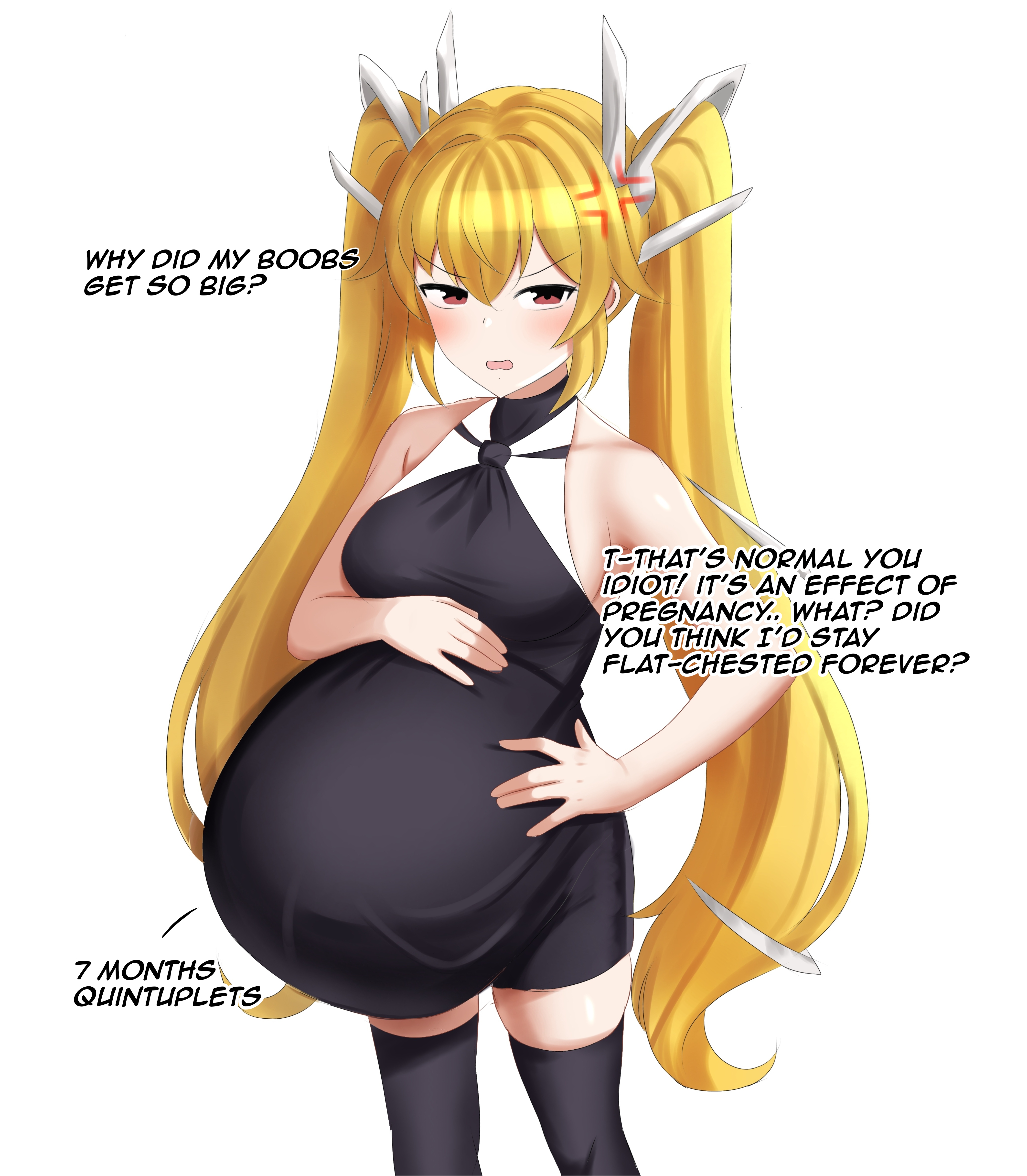 1girls, absolute territory, adult, adult female, adult girl, adult only, adult woman, annoyed, big belly, bloated belly, blonde hair, blush, breast growth, clothed, clothing, female, female focus, female only, hand on belly, heavily pregnant, medium breasts, pregnant, pregnant with multiples, princess, quintuplets, red eyes, sarawa kotoku, serena (violated heroine), serena fuoco brilliante de grazia, solo focus, tsundere, twintails, violated heroine, young adult, young adult female, young adult woman, zettai ryouiki