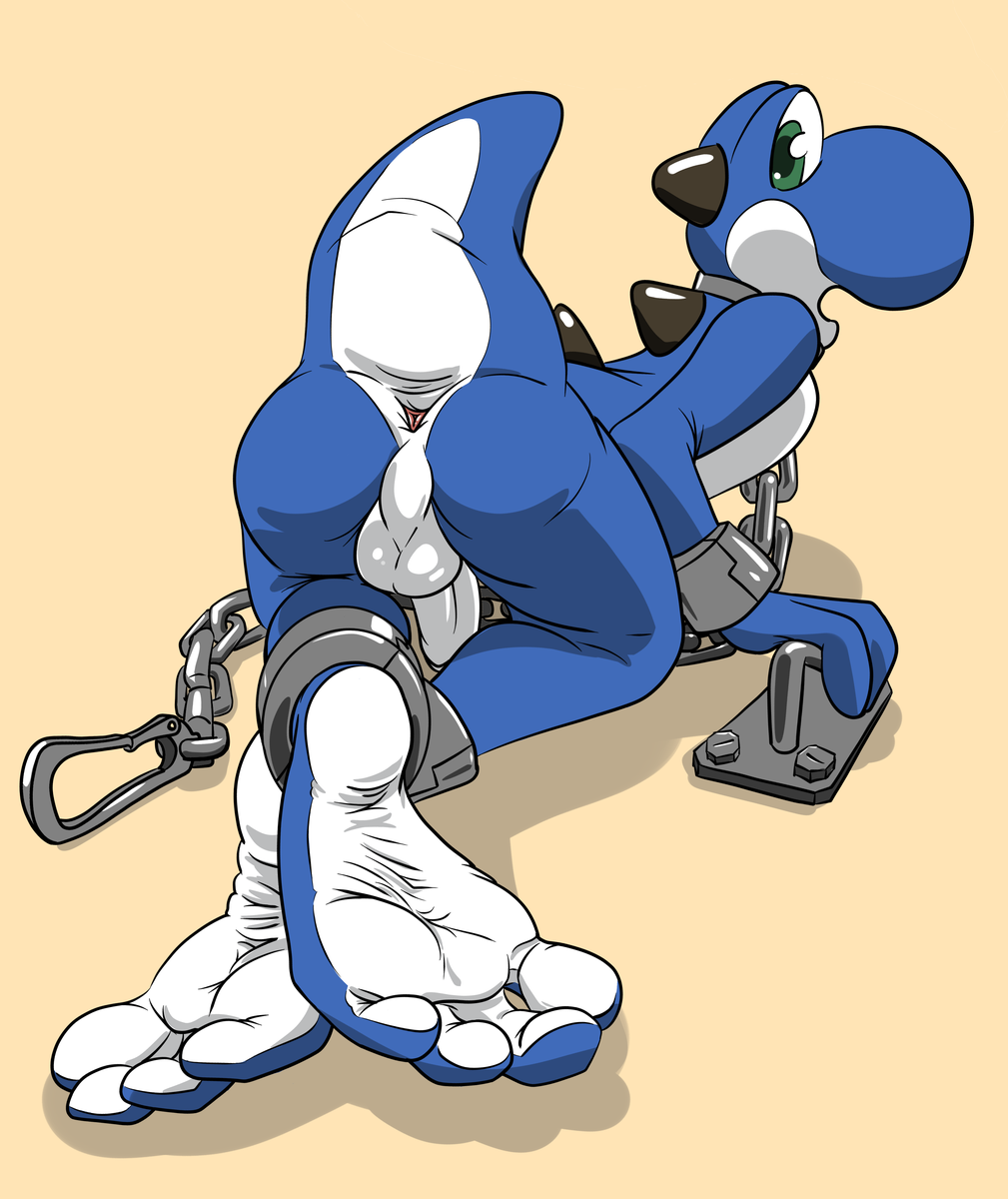 ass_up balls bondage bound carabiner chains cuffs dinosaur feet foot_fetish handcuffs male male_only mario_(series) metal midnite nintendo paws penis plantigrade presenting shackles soles solo surprised toes yoshi