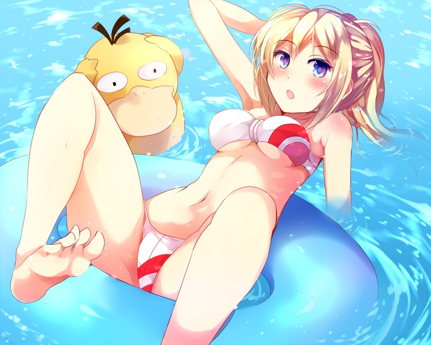 1girls, afloat, arm behind head, armpits, ass, barefoot, bikini, blonde hair, blue eyes, blush, breasts, eyelashes, feet, female, female protagonist (pokemon go), hand behind head, human, in water, innertube, leg up, legs, long hair, looking at viewer, midriff, multicolored bikini, navel, nintendo, open mouth, partially submerged, pokemon, pokemon go, ponytail, psyduck, sidelocks, soles, solo, swimsuit, tied hair, toes, underboob, water, z.nov