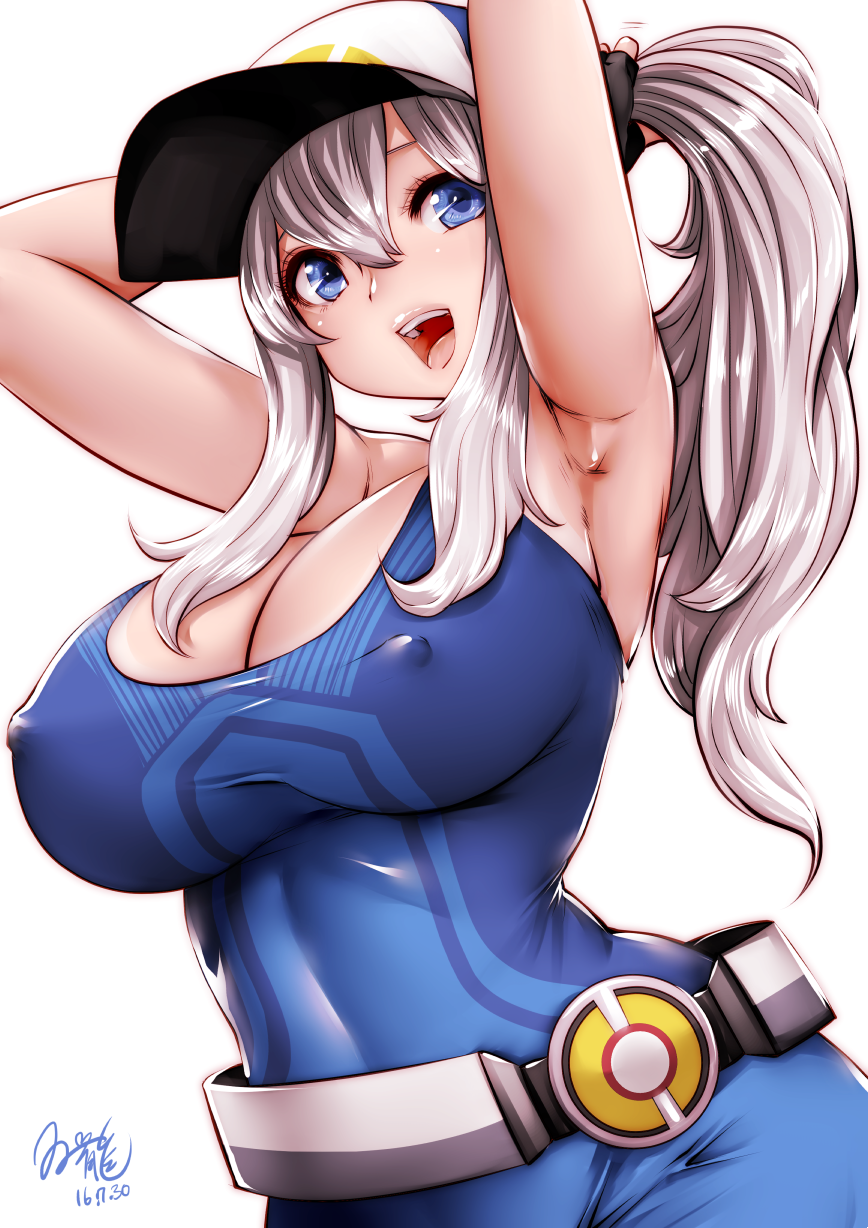 armpits arms_behind_head arms_up artist_name baseball_cap belt blue_eyes blush breasts cleavage cosplay dated erect_nipples female female_protagonist_(pokemon_go) hat huge_breasts impossible_clothes inframammary_clothing_crease large_breasts lips long_hair looking_to_the_side open_mouth pokemon pokemon_go ponytail simple_background smile solo souryu teeth tied_hair tight_clothes white_background white_hair