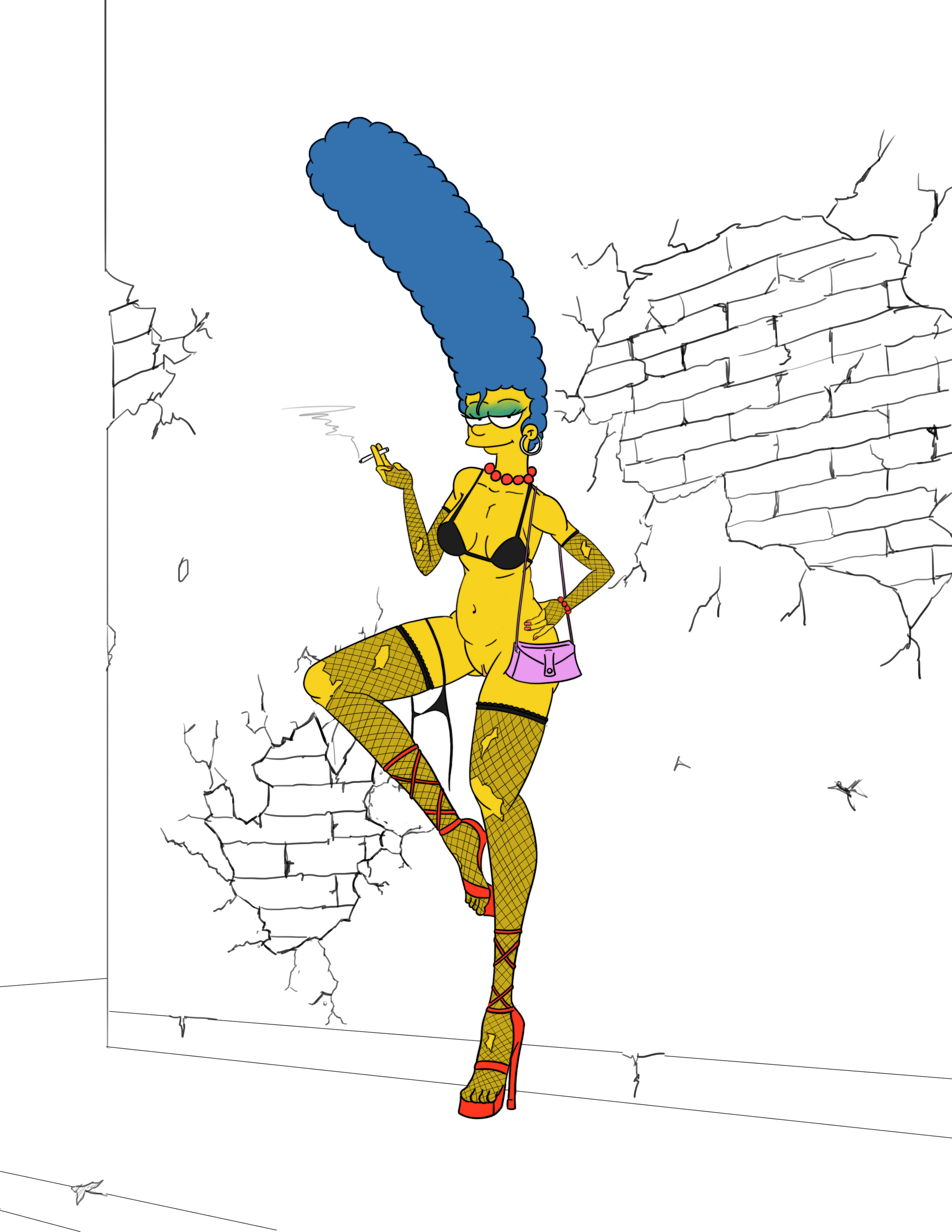 alley, black bra, blue hair, bottomless, cigarette, earrings, female, fishnet stockings, fishnets, green eyeshadow, high heels, imsmexyftw, makeup, marge simpson, milf, outdoors, panties around one leg, prostitute, prostitution, smoking, solo, the simpsons, torn stockings, white background, yellow skin