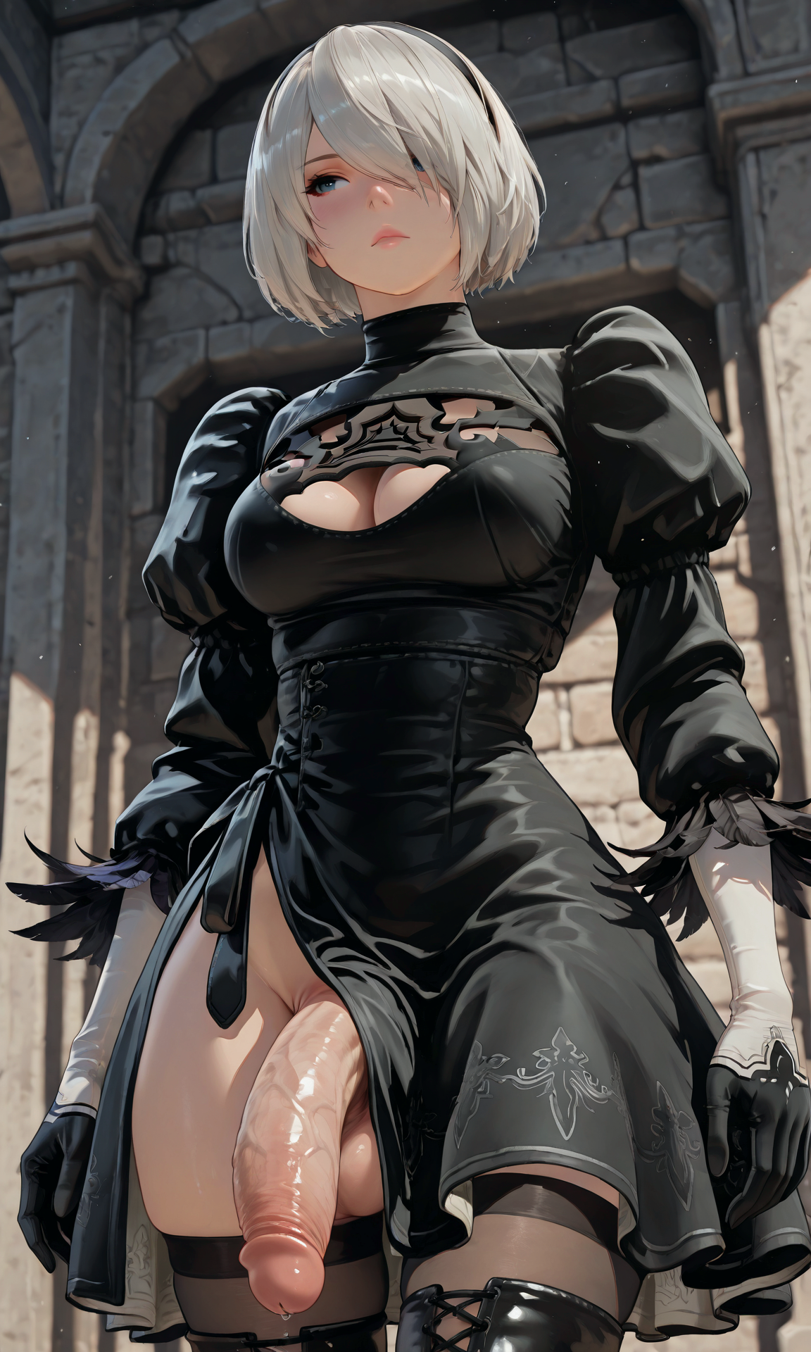 1futa, ai generated, balls, big penis, black dress, blue eyes, breasts, cleavage, cleavage cutout, dickgirl, dress, dress aside, flaccid, futa only, futanari, intersex, jamesbron, large penis, legwear, looking away, nier: automata, no panties, penis, penis out, short hair, solo, solo futa, stockings, thigh boots, thighhighs, thighs, white hair, wide hips, yorha 2b