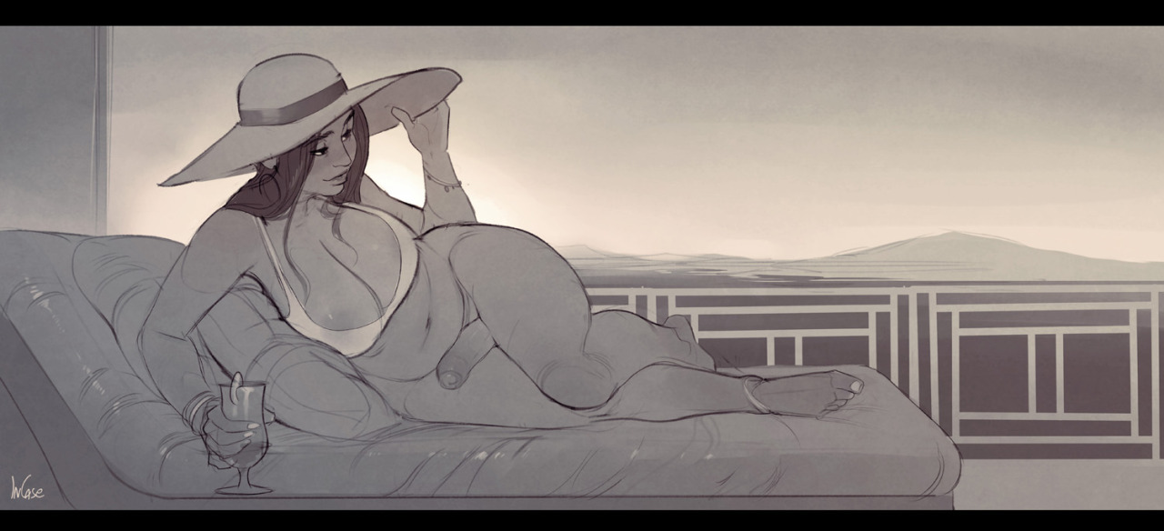 1futa, big breasts, bottomless, breasts, cleavage, erection, futa only, futanari, hat, incase, intersex, large breasts, monochrome, penis, solo