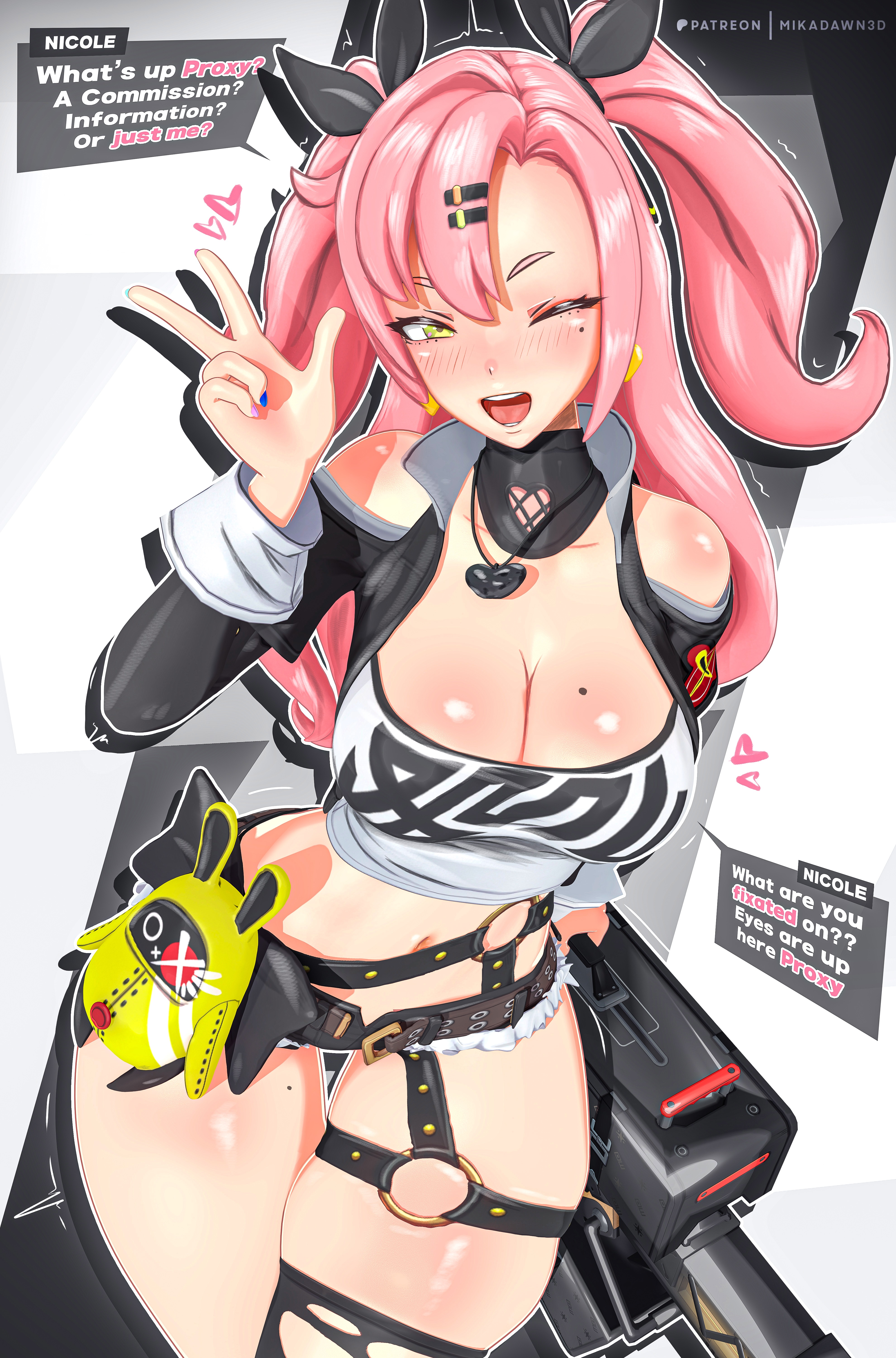 1girl, absurdres, amillion (zenless zone zero), belt, black ribbon, black thighhighs, blush, breasts, cleavage, colored nails, commentary, cowboy shot, crop top, earrings, english commentary, english text, female, female only, green eyes, hair ornament, hair ribbon, heart, heart earrings, heart necklace, highres, jewelry, long hair, long nails, midriff, mikadawn, mole, mole on breast, mole on thigh, mole under eye, multicolored nails, navel, necklace, nicole demara, o-ring, o-ring belt, o-ring thigh strap, off shoulder, one eye closed, open mouth, outline, painted nails, patreon username, pink hair, ribbon, short shorts, shorts, smile, solo, thick thighs, thigh strap, thighhighs, thighs, torn clothes, v, video game dialogue box, voluptuous, white outline, zenless zone zero