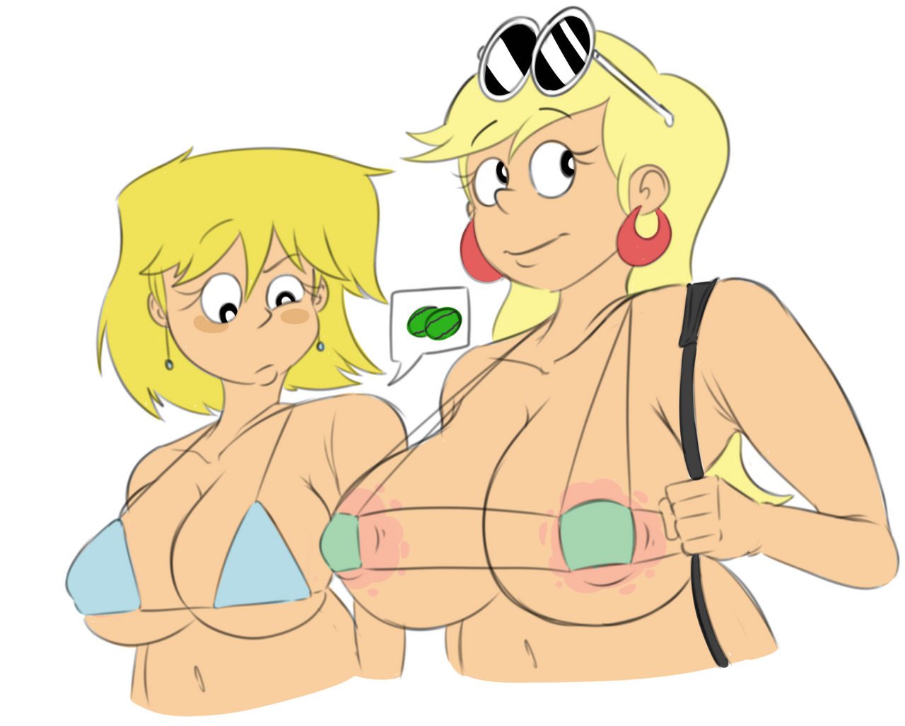 2girls, areolae, bikini, blonde female, blonde hair, blush, breast comparison, breasts, breasts bigger than head, cleavage, earrings, female, female only, jealous female, large breasts, leni loud, light skin, light-skinned female, long hair, looking at breasts, looking down, lori loud, micro bikini, multiple girls, nickelodeon, nicktoons, nipples, panblancocum, short hair, siblings, simple background, sisters, smile, sunglasses, sunglasses on head, teenage girl, teenager, the loud house, white background