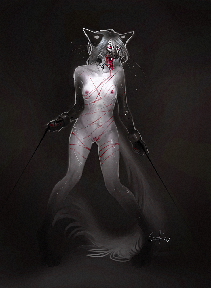 4_toes 5_fingers anthro blood bondage bound breasts collar digitigrade feline female femsub mammal navel nipples open_mouth pussy saf safiru scratches simple_background solo standing teeth toes tongue whip_marks wide_hips