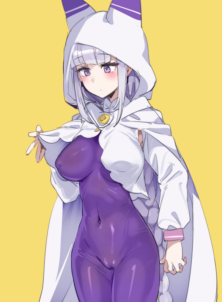 1girls, belly, bodysuit, bow (bhp), bow999, braid, breasts apart, cameltoe, elf, elf ears, elf female, emilia (re:zero), female, female only, hips, hoodie, jumpsuit, large breasts, light-skinned female, long hair, nipple bulge, purple eyes, re:zero kara hajimeru isekai seikatsu, silver hair, skin tight suit, slim waist, solo, standing, thighs, tight clothing, very long hair, white cloak, yellow background