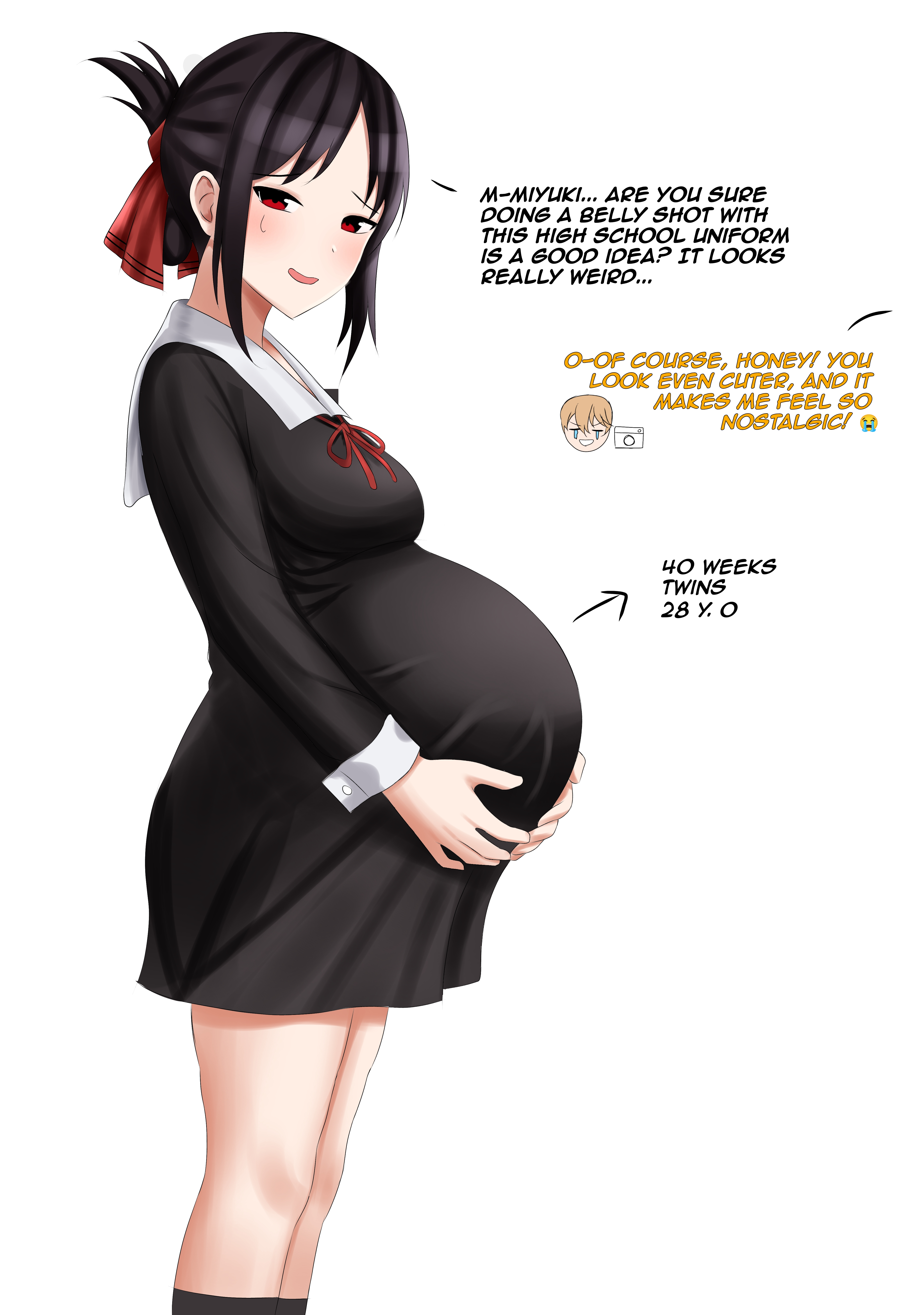 1girls, adult, aged up, big belly, black hair, bloated belly, blush, canon couple, clothed, clothing, embarrassed, female focus, hand on belly, heavily pregnant, holding belly, kaguya-sama wa kokurasetai ~tensai-tachi no renai zunousen~, pregnant, pregnant with multiples, ready to pop, red eyes, sarawa kotoku, school uniform, shinomiya kaguya, shirogane miyuki, twins, wholesome