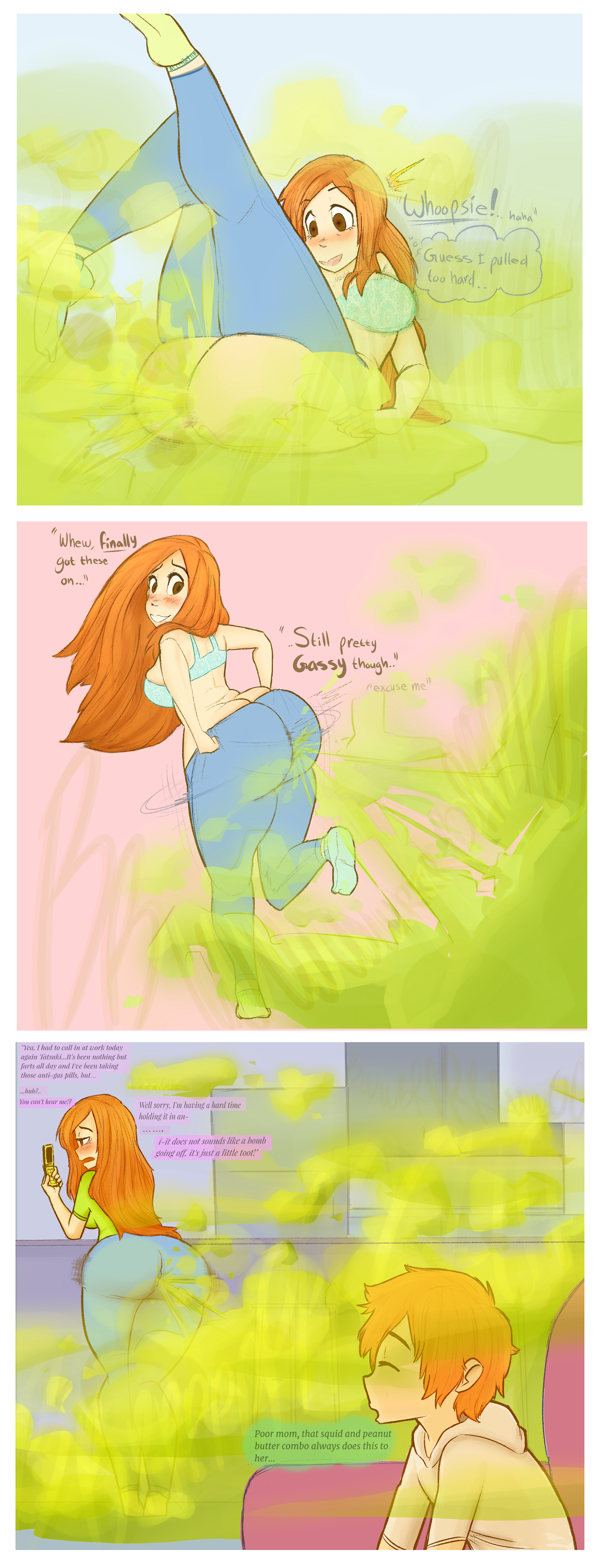 1boy, 1boy1girl, 1girl1boy, 1girls, 2010s, 2017, 2017s, ass, ass cleavage, ass focus, ass too big, ass too fat, bleach, carafalsa, comic strip, deviantart, deviantart link, digital drawing (artwork), digital media (artwork), eproctophillia, fart, fart cloud, fart everywhere, fart fetish, farting, female, female focus, gassy, gassy ass, gassy female, green fart, green fart cloud, green gas cloud, inconvenient ass, inconvenient butt, inoue orihime, kazui kurosaki, kurosaki kazui, kurosaki orihime, milf, milf body, old art, old artwork, orange hair, orange hair female, orihime inoue, png, three panels, wardrobe malfunction