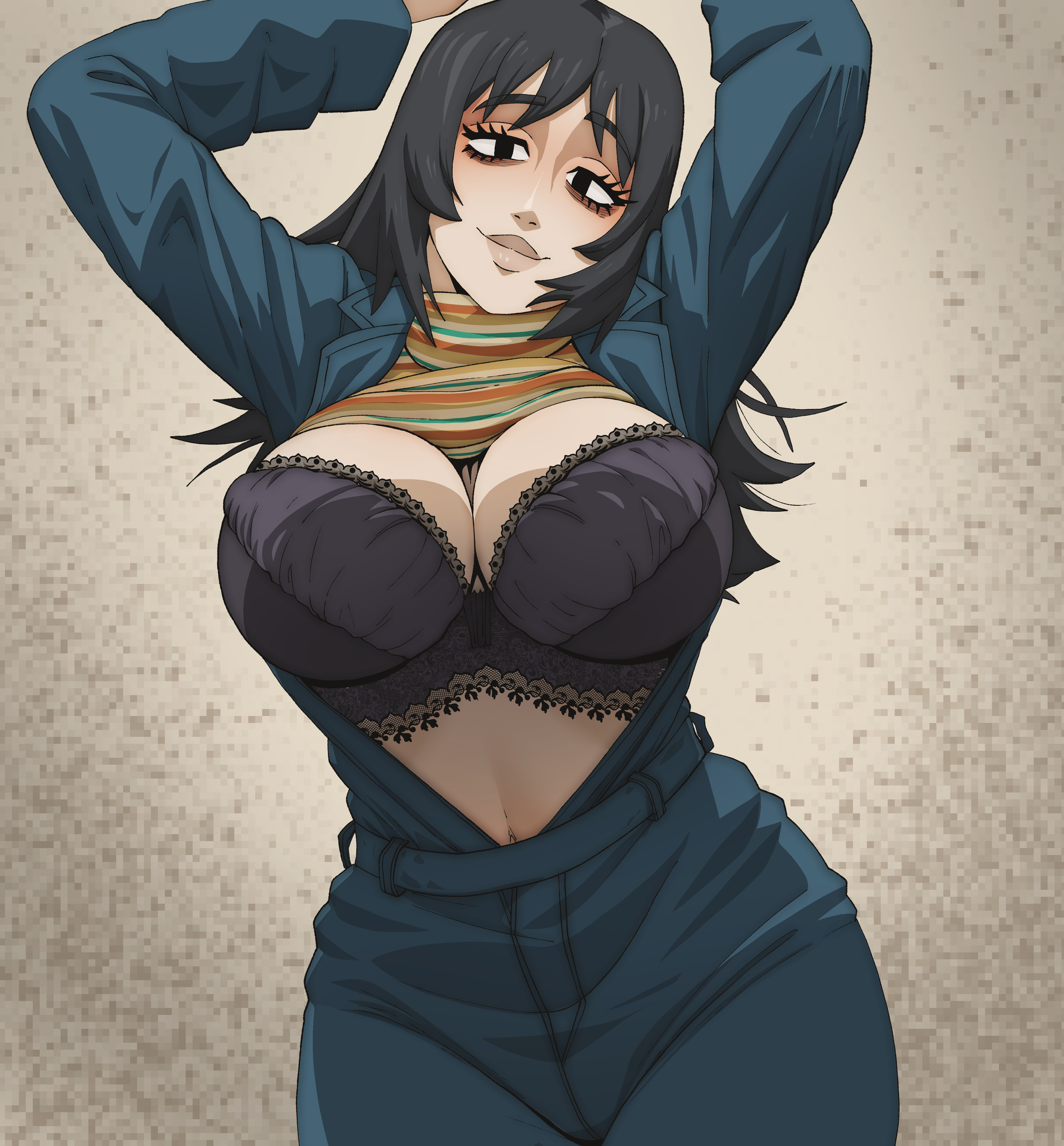 1girl, 1girls, 2026, 2d, 2d (artwork), 2d artwork, absurd res, absurd resolution, absurdres, alt girl, anya (mouthwashing), arms up, bags under eyes, black bra, black eyes, black hair, blue overalls, bra, breasts, cleavage, clothes lift, clothing, coolerinker, female, female only, gothish, inker comics, inkershike, jumpsuit, large breasts, long hair, long sleeves, looking at viewer, milf, mouthwashing, mouthwashing (game), navel, open clothes, open mouth, orange shirt, overalls, shirt, shirt lift, smile, solo, striped clothes, striped shirt, turtleneck, underwear