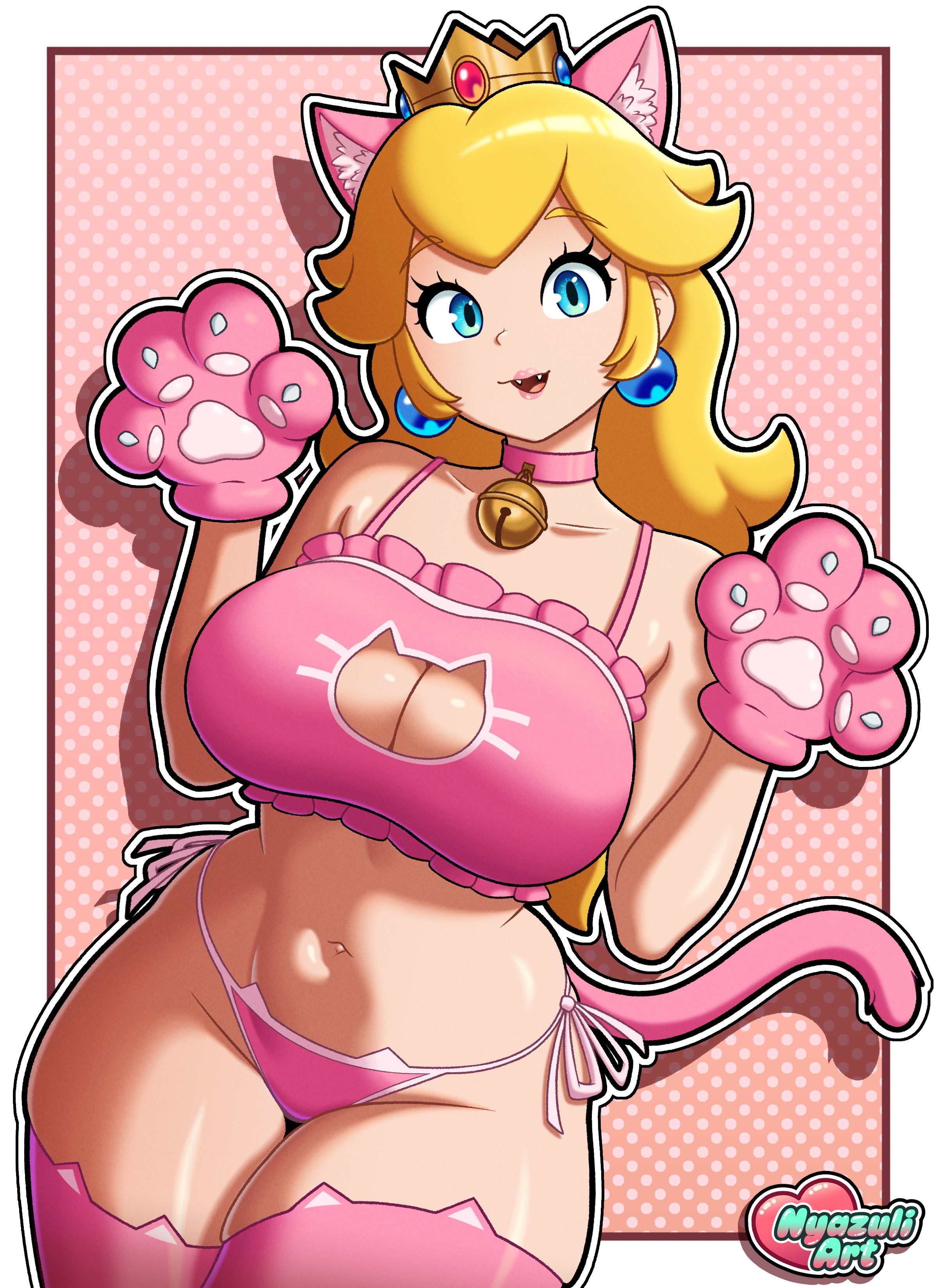 1girls, 2026, 2d, blonde hair, blue eyes, boob window, breasts, cat ears, cat lingerie, cat peach, cat tail, cat thighhighs, collar, earrings, female, female only, hair, human, human only, light skin, light-skinned female, looking at viewer, mario (series), nintendo, nyazuliart, panties, paw gloves, pink collar, pink panties, pink thighhighs, princess peach, solo, tail, thick thighs, thighhighs, thighs, twitter link, underwear