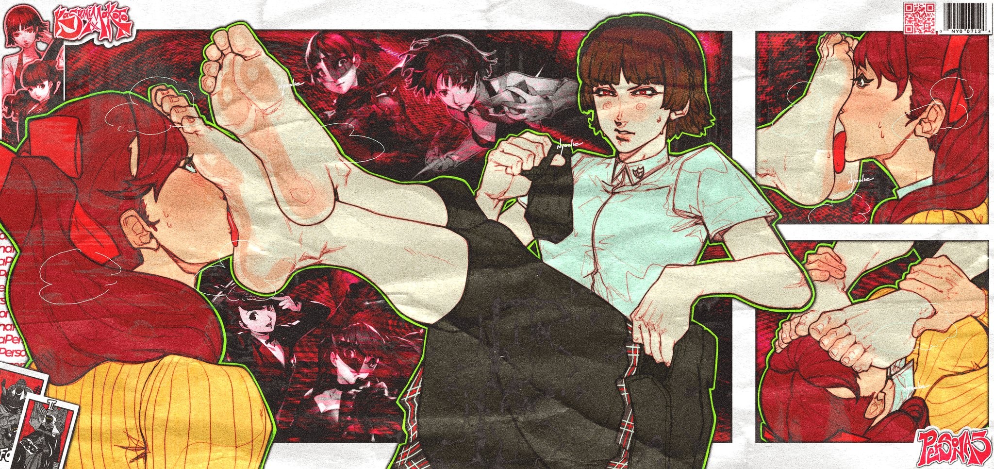 2girls, barefoot, clothed, female, female only, foot fetish, foot focus, foot lick, kasumi yoshizawa, makoto niijima, nyoolie, persona, persona 5, yuri