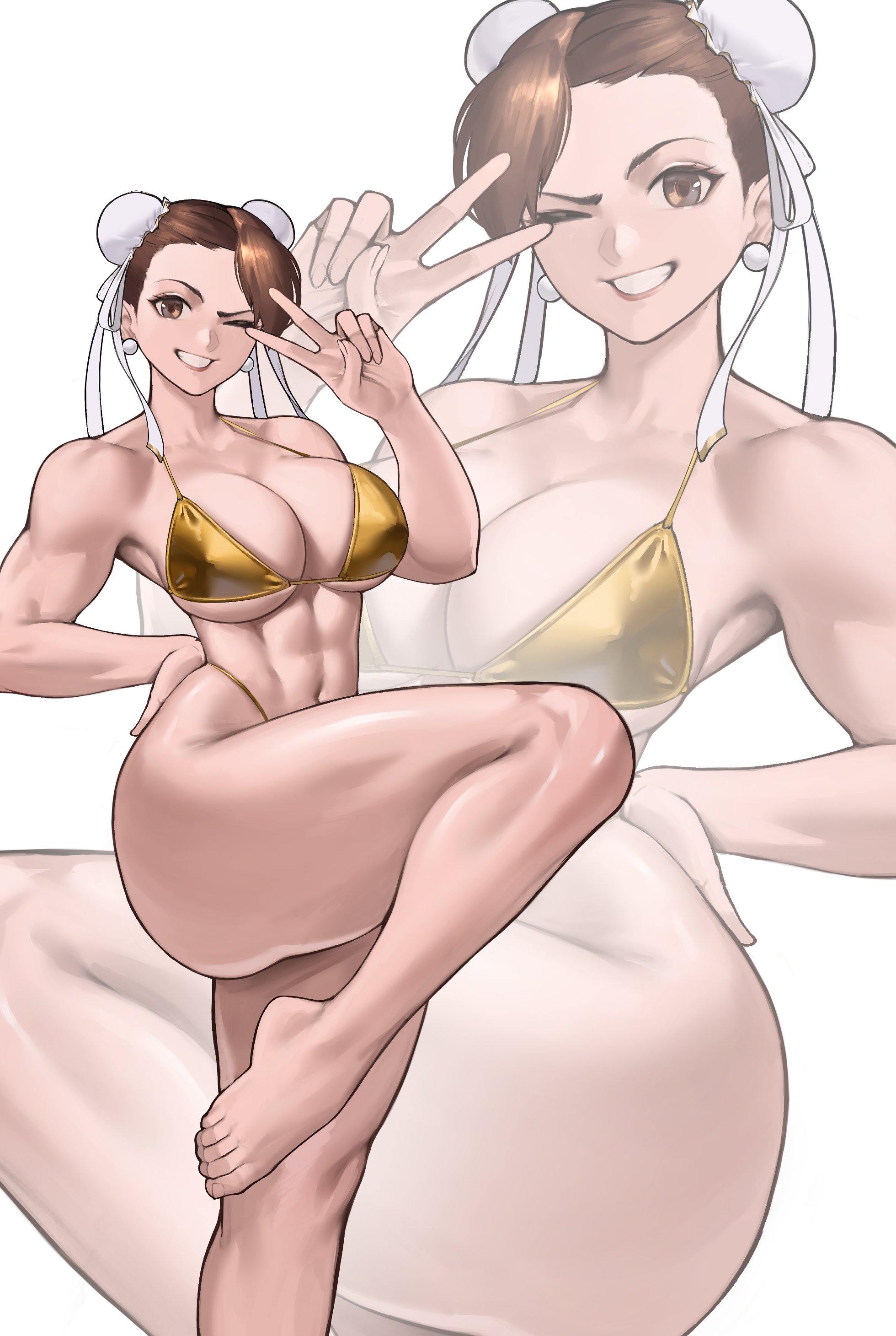abs, athletic, athletic female, chun-li, gold bikini, muscular, muscular female, street fighter, wink, zukululuu