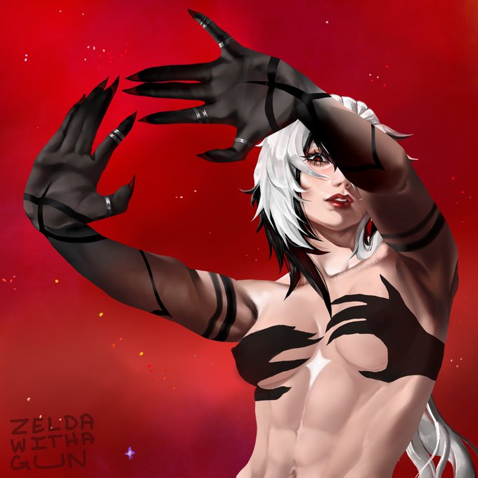 abs, arlecchino (genshin impact), arm markings, artist request, belly button, black and white hair, breasts out, genshin impact, hands casting shadow, juicylips, long hair, medium breasts, midriff, muscular female