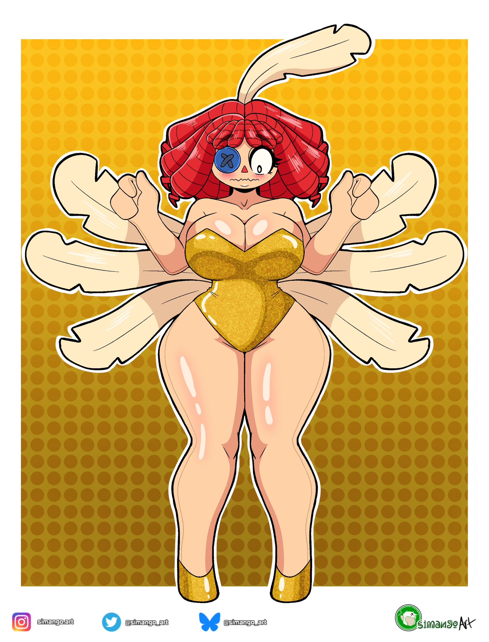 1girls, 2026, 2d, 2d (artwork), big breasts, blush, blush lines, blushing, breasts, button eye, cleavage, curvy, digital drawing (artwork), digital media (artwork), doll, doll girl, eyelashes, feathers, female, female only, full body, glitch productions, golden clothing, golden leotard, hips, jamcassette, leotard, looking at self, looking down, one eye, ragatha (dancer outfit), ragatha (the amazing digital circus), ragdoll, red hair, revealing clothes, seam (sewing), short hair, simango art, sleeveless, solo, solo female, stitch (sewing), stitches, the amazing digital circus, thick thighs, thighs, tight clothing, tight fit, triangle nose, voluptuous, voluptuous female, wide hips, yarn, yarn hair