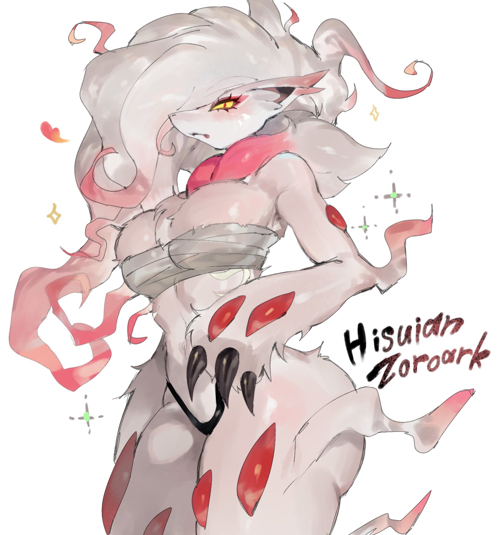 1girls, anthro, big breasts, english text, female, female only, fox ears, furry, furry female, generation 8 pokemon, hi res, hisuian form, hisuian zoroark, looking at viewer, pokemon, pokemon (species), pokemon legends: arceus, simple background, solo, text, thick thighs, toge77789, togetoge, two-tone body, two-tone hair, white background, wide hips, yellow sclera, zoroark