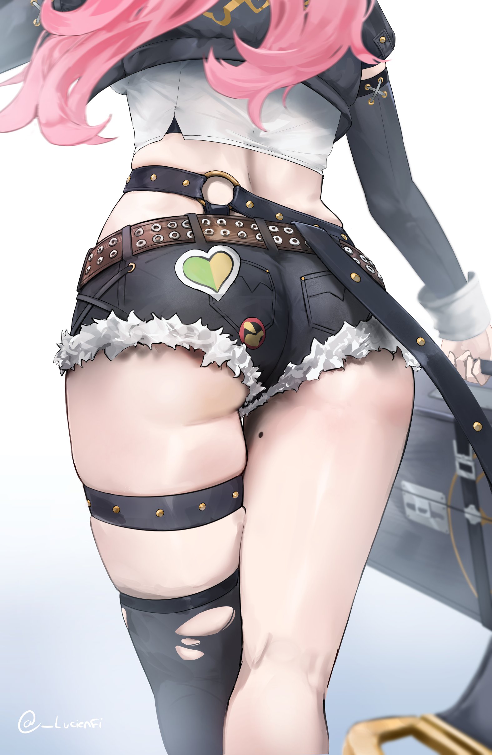 1girl, absurdres, ass, belt, black belt, black jacket, black shorts, black thighhighs, commentary, cropped jacket, denim, denim shorts, female, female only, from behind, fur trim, fur-trimmed shorts, highres, holding, holding suitcase, huge ass, jacket, long hair, lucien tube, micro shorts, mole, mole on thigh, nicole demara, o-ring, o-ring belt, pink hair, shorts, single thighhigh, skindentation, solo, suitcase, thick thighs, thighhighs, thighs, torn clothes, torn thighhighs, underbutt, zenless zone zero