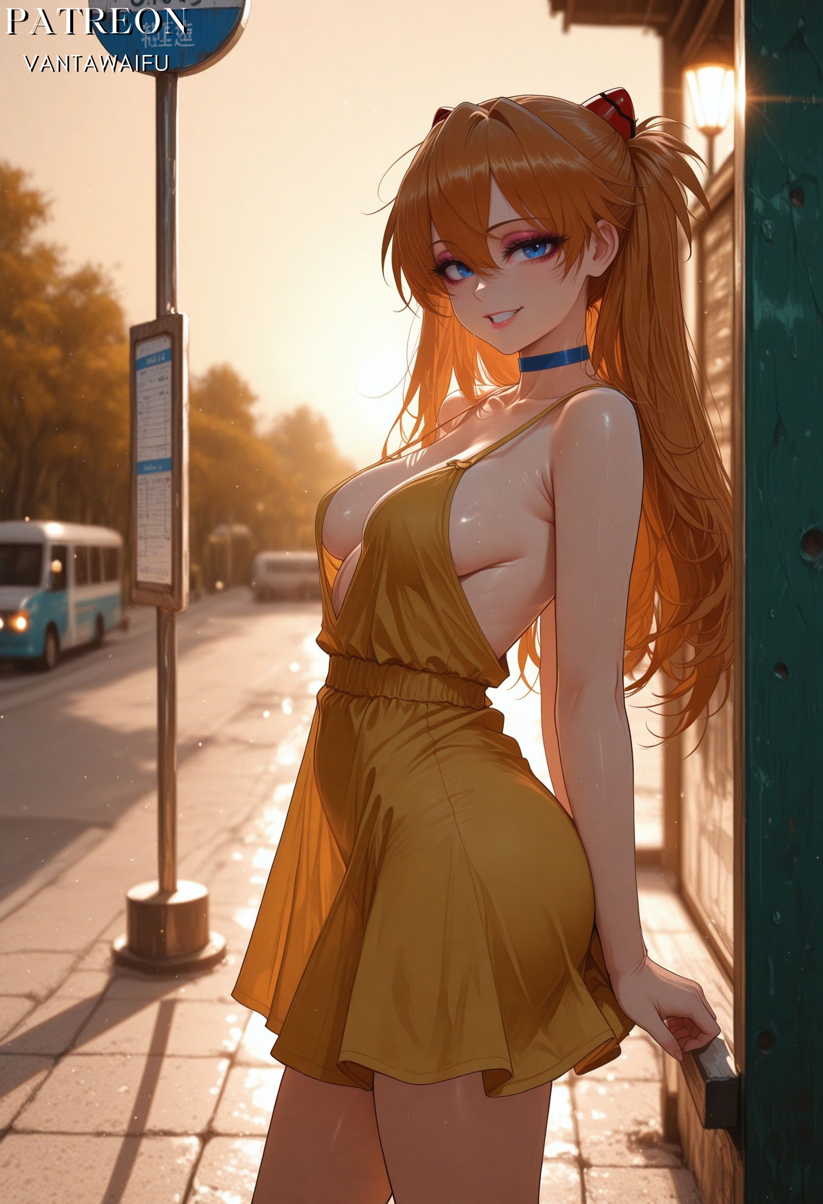 , 1girl, ai generated, alternate breast size, arms behind back, artist name, asuka langley, asuka langley sohryu, bangs, bare shoulders, blue choker, blue eyes, blurry background, breasts, bus stop, car, choker, cleavage, clothing, collarbone, copyright name, cowboy shot, dress, evening, fanbox username, female, female only, from side, grin, hair between eyes, headgear, holding, interface headset, lamppost, lips, long hair, looking at viewer, makeup, medium breasts, motor vehicle, neon genesis evangelion, no bra, orange hair, outdoors, parted lips, patreon username, pavement, road, road sign, see-through silhouette, short dress, sideboob, sidewalk, sign, sleeveless, sleeveless dress, smile, solo, souryuu asuka langley, standing, street, sundress, sunset, teeth, thighs, two side up, vantawaifu, web address, yellow dress