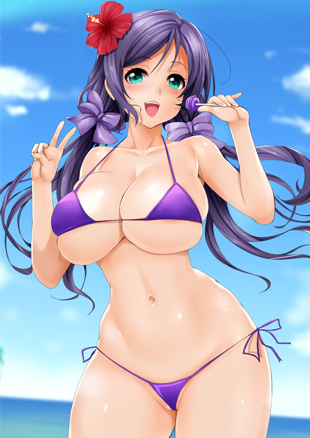 1girls, aqua eyes, bikini, blush, breasts, female, hair ribbon, hips, janong, large breasts, long hair, looking at viewer, love live!, love live! school idol project, navel, open mouth, purple hair, shiny, shiny skin, skimpy, sky, smile, solo, swimsuit, thighs, tied hair, toujou nozomi, twintails, wide hips