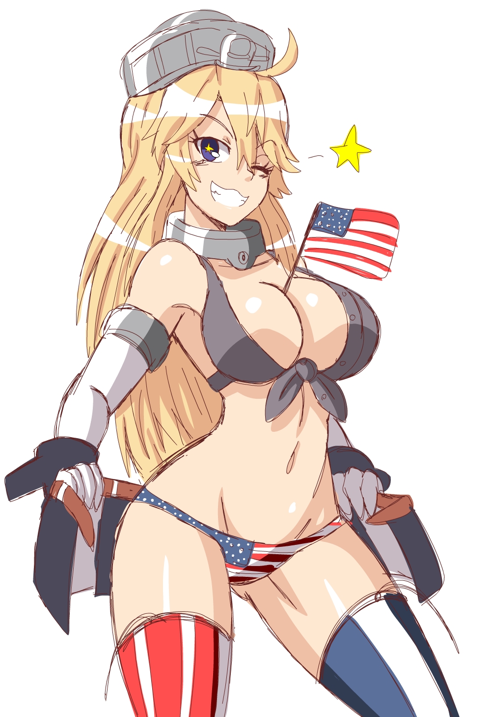 1girls, american flag, american flag bikini, american flag legwear, bikini, blonde hair, blonde-haired female, female, female only, flag, iowa (kantai collection), kantai collection, lewdamone, simple background, solo, thighhighs, wink