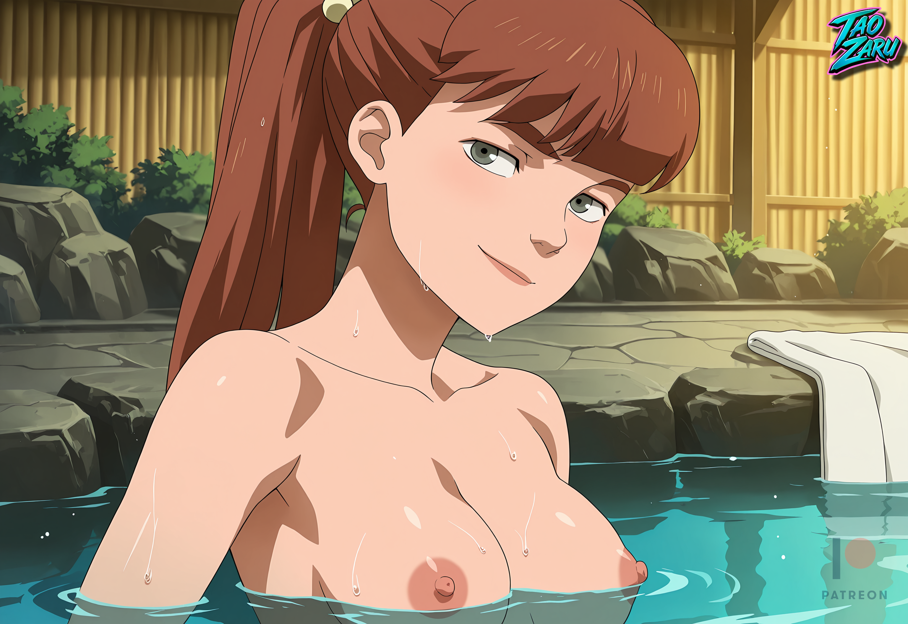 1girls, ai assisted, ai generated, female, female only, hot spring, looking at viewer, monster, monster girl, monster girl (invincible), patreon, puffy nipples, solo, taozaru, topless