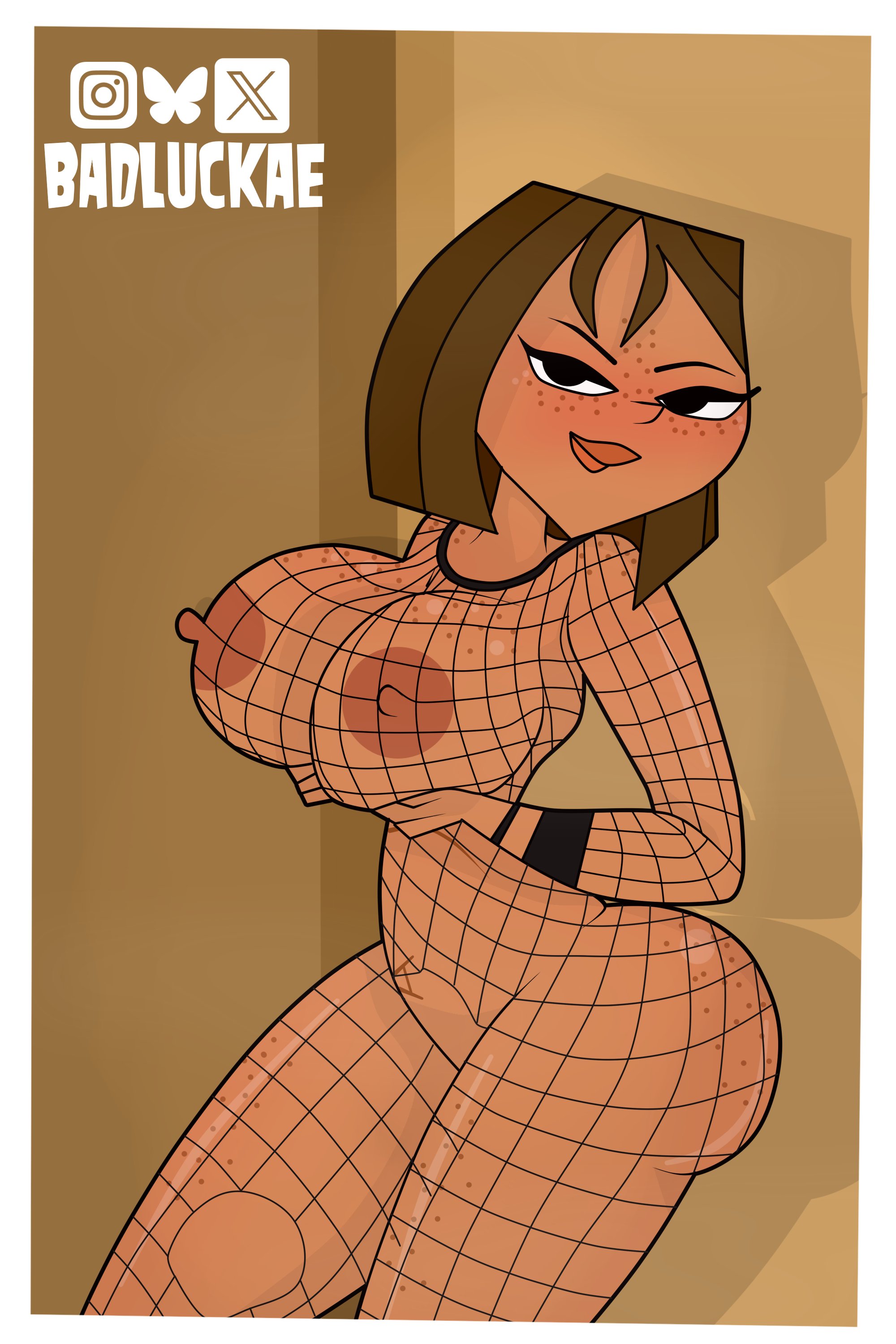 1girls, 2026, artist signature, ass, badluckae, big areola, big breasts, big nipples, big thighs, blush, blushing, breasts, breasts bigger than head, breasts out, brown hair, brown skin, brown skinned female, brunette, busty, busty female, butt, cel shading, courtney (tdi), dark skin, dark-skinned female, dominant, dominant female, female, female only, fishnet, fishnet armwear, fishnet clothing, fishnet legwear, fishnet stockings, fishnet thighhighs, fishnets, hanging breasts, hi res, hips wider than shoulders, holding head, huge ass, huge breasts, huge thighs, image reference, large breasts, looking at partner, looking down, low-angle view, massive thighs, medium hair, naked, naked female, nipple slip, nipples, nude, nude female, selfie, selfie pose, shiny eyes, shiny skin, short hair, submissive, submissive female, thick legs, thick thighs, thunder thighs, thunderthighs, tits bigger than head, tits out, total drama (series), total drama island, wide hips, wide thighs