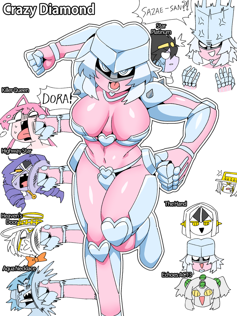 8girls, aqua necklace, big breasts, black hair, blue hair, boots, cat ears, catgirl, crazy diamond, diamond is unbreakable, echoes (jjba), face punch, female, genderswap, genderswap (mtf), grey hair, hat, heart, heaven's door, highway star, jojo's bizarre adventure, killer queen, mannungei, mtf crossgender, pink hair, punch, punching, purple hair, rule 63, silver eyes, silver hair, star platinum, tagme, the hand (jjba), thick thighs, thighs, white hair, yellow eyes