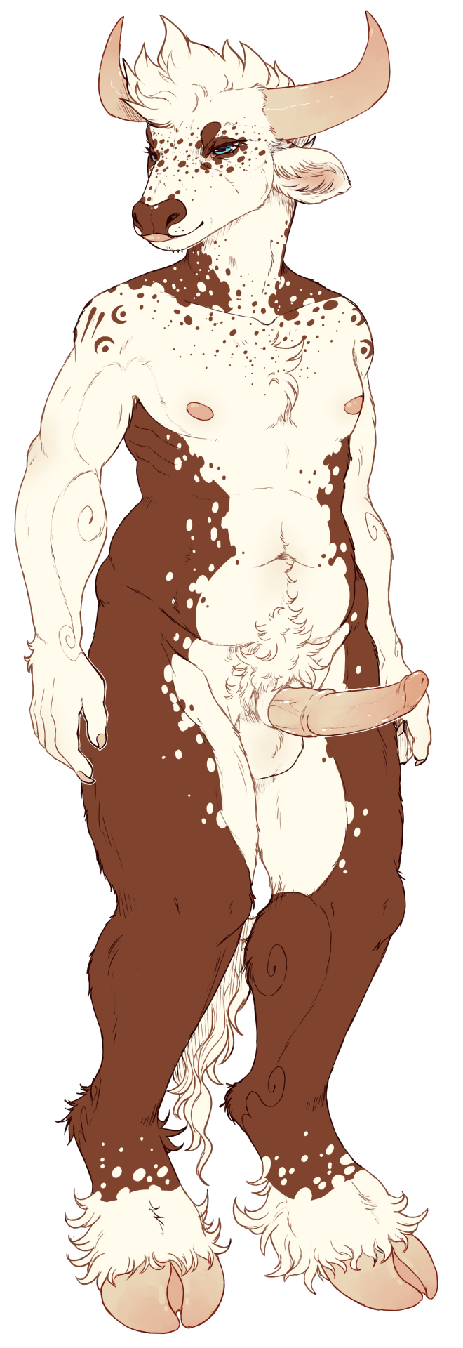 1boy alpha_channel anatomically_correct anatomically_correct_penis animal_genitalia animal_penis anthro balls bovine bovine_penis cattle erection flat_colors full-length_portrait furry hooves horn male male_only mammal medial_ring mute-owl navel nipples nude pecs penis portrait pubes sheath simple_background slim smile solo transparent_background