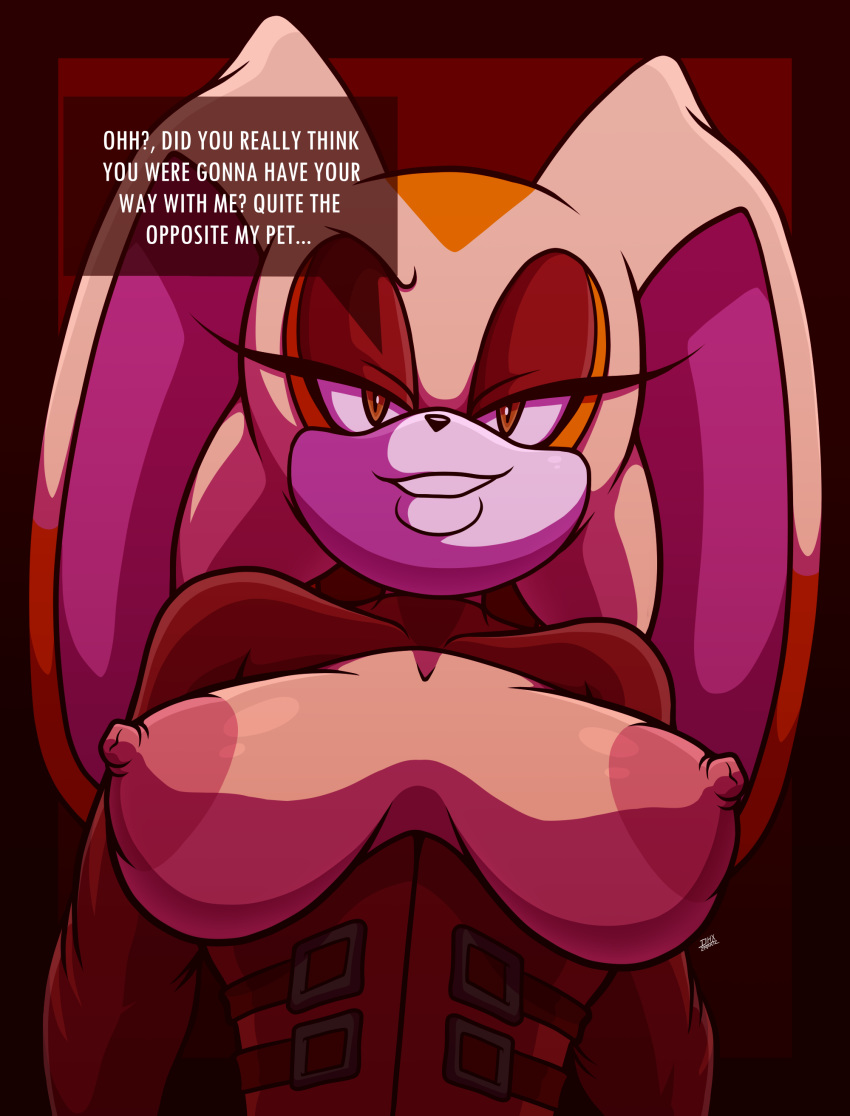 absurd res, aged up, anthro, areola, big breasts, breasts, clothing, cream the rabbit, damian hodge, domination, dominatrix, english text, erect nipples, exposed breasts, female, female domination, fur, grin, half-closed eyes, hi res, lagomorph, leporid, mammal, narrowed eyes, nipples, nude, presenting, rabbit, simple background, smile, solo, sonic (series), sonic the hedgehog (series), text, video games