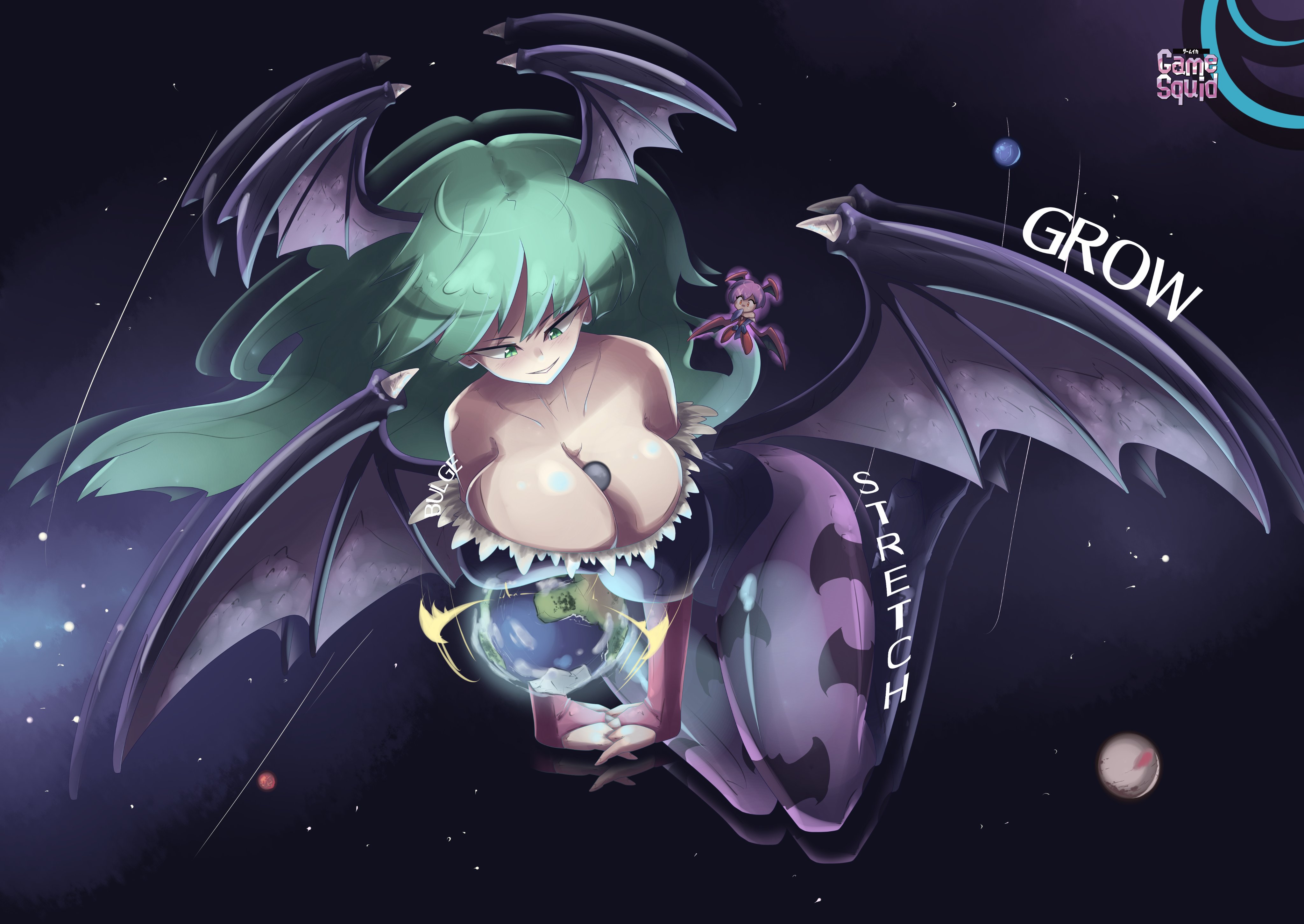 2girls, between breasts, bigger than earth, breast expansion, breast rest, cleavage, darkstalkers, demon, demon girl, earth, gamesquid, giantess, giantess growth, green eyes, green hair, huge breasts, lilith aensland, moon between breasts, morrigan aensland, planet, planetary macro, resting breasts, thick thighs, thigh expansion, vampire, vampire girl, wings