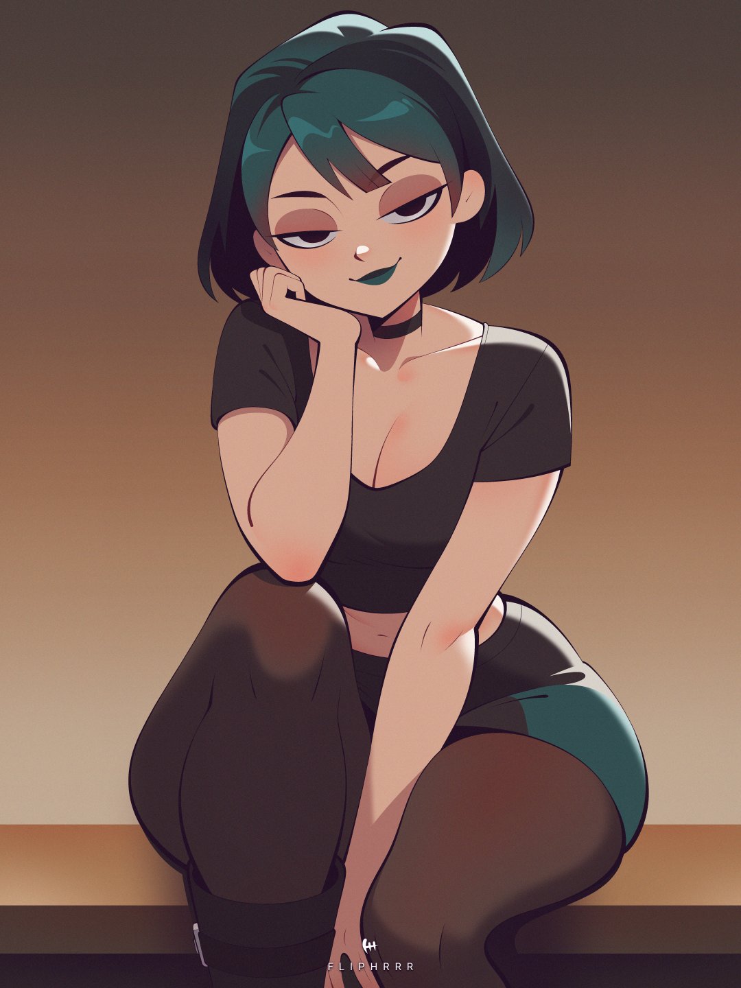 1girls, arm between legs, artist name, black eyes, black hair, breasts, cartoon network, choker, cleavage, crop top, female, female only, fliphrrr, goth, goth girl, green hair, green lipstick, gwen (tdi), hand on face, looking at viewer, navel, questionable, short hair, sitting, skirt, slim waist, solo, solo female, stockings, thick thighs, topwear, total drama (series), total drama island, voluptuous, wide hips