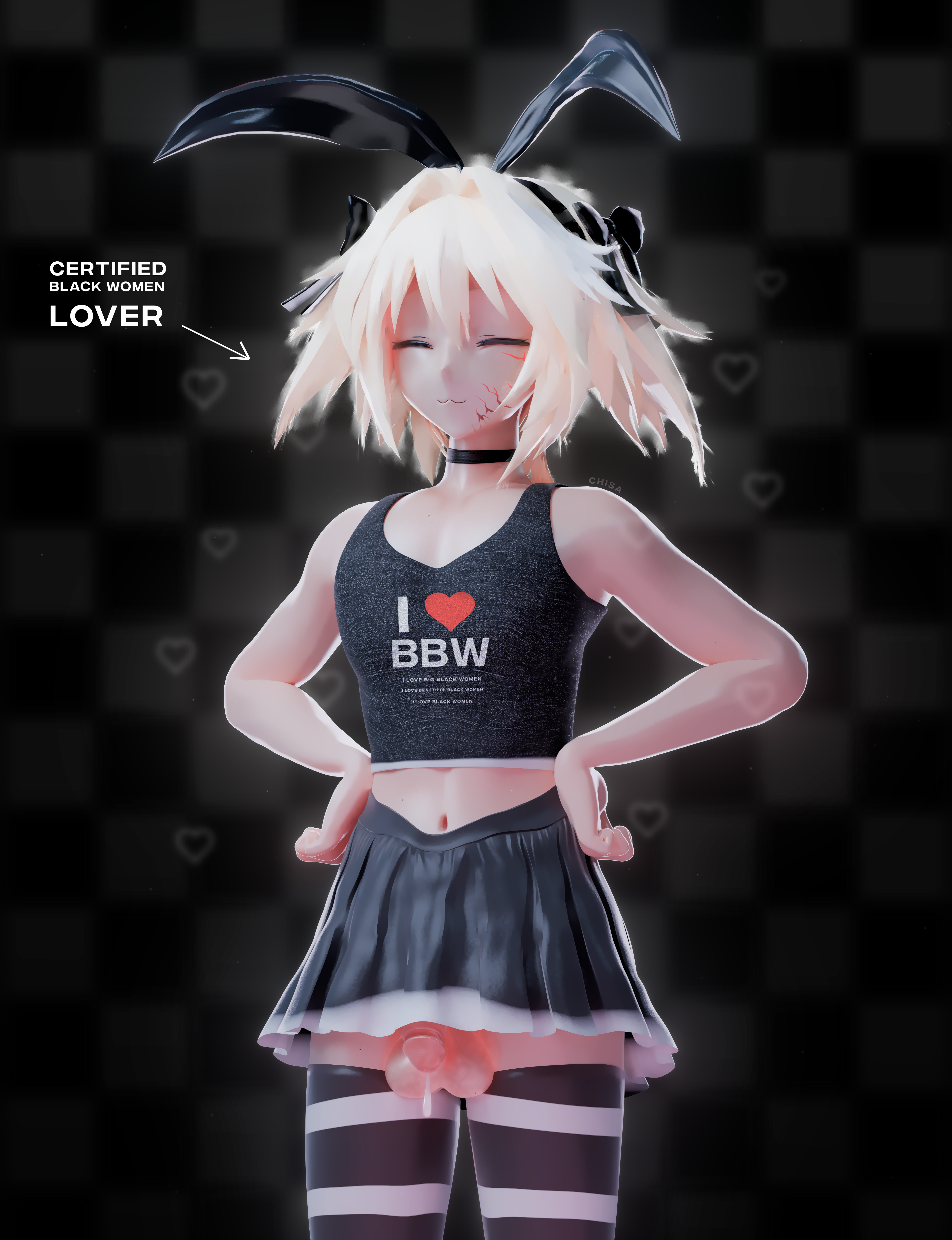 3d, 3d (artwork), astolfo (fate), blender, blender (software), blender cycles, bunny ears, chisahito, cock visible, cute face, dripping cum, eyes closed, femboy, hands on hips, happy, in love, navel, proud, skirt, smiling, solo, solo male, tank top, text, thighs, trap, twink, white skin