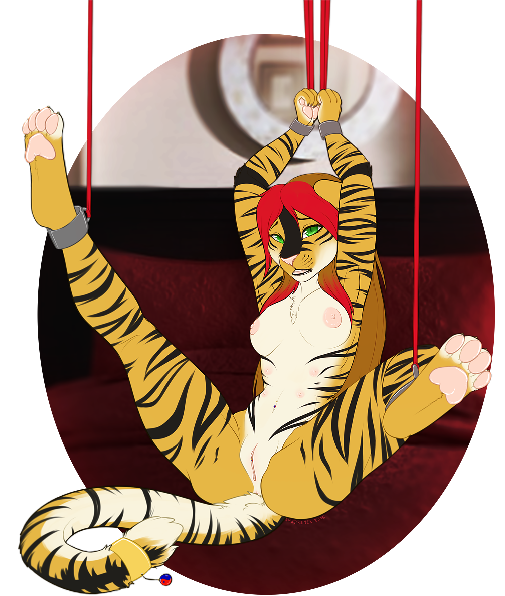 2016 anthro bondage bound breasts feline female furry green_eyes highlights mammal multi_nipple nipples nude pawpads pussy red_highlights restrained solo tiger tigress_(artist)