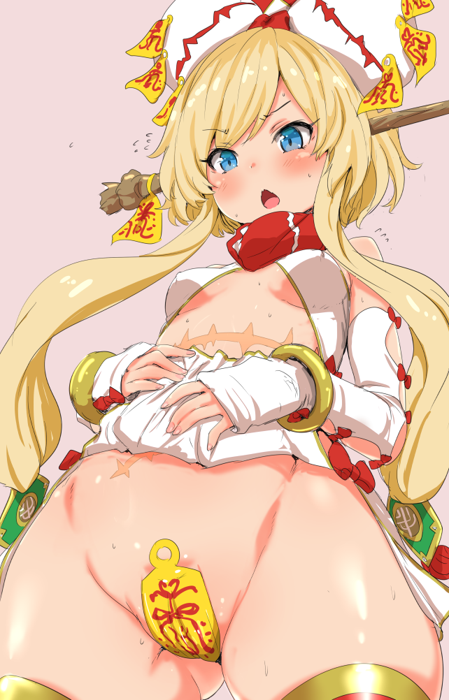 blonde_hair blue_eyes blush bottomless bow bracelet breasts chestnut_mouth clearite commentary_request detached_sleeves erect_nipples female hairbow jewelry large_bow last_period long_hair looking_down maebari open_mouth pale_skin scar shiny shiny_skin simple_background skirt skirt_lift small_breasts solo sweat talisman talisman_pasties tape taped_pussy thighhighs tied_hair twintails uuryuu_(last_period)