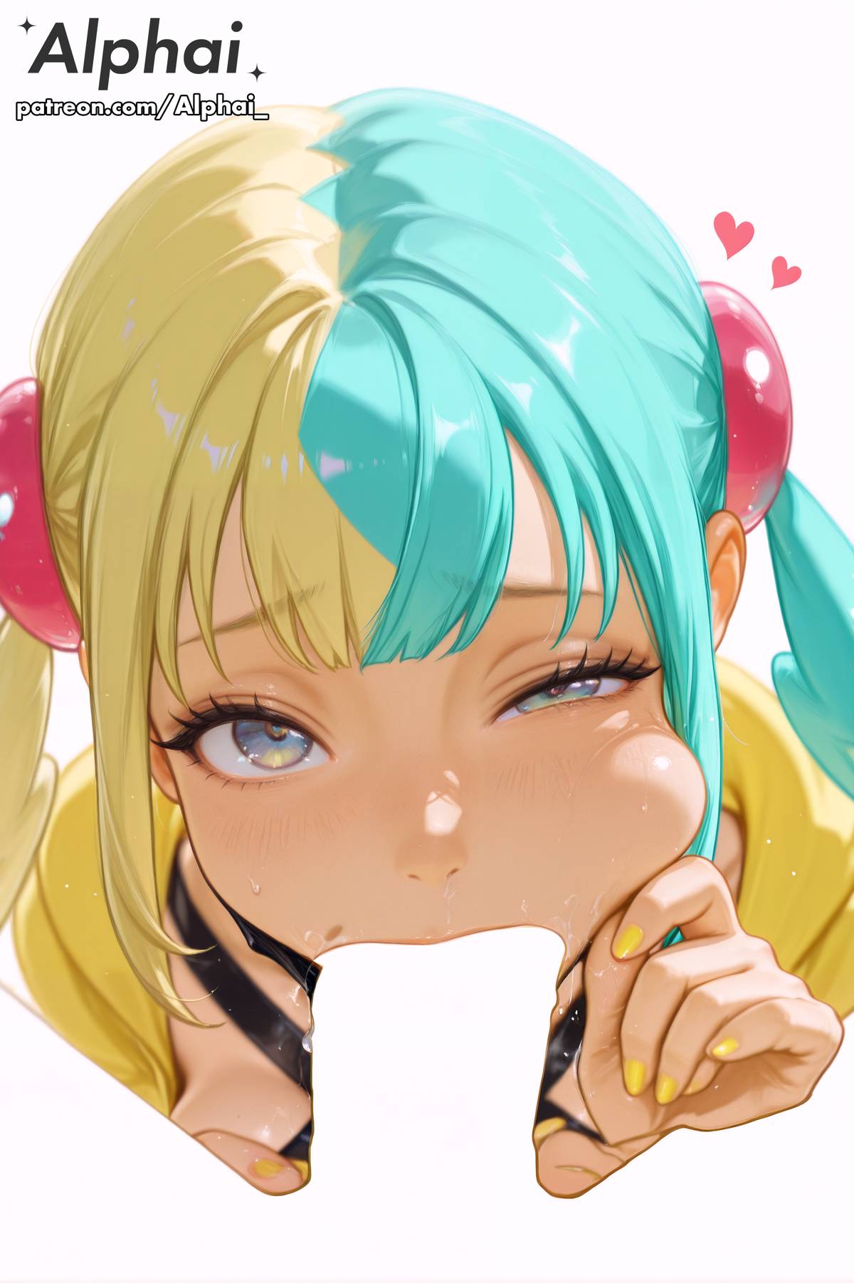 :>=, 1boy, 1girls, 2025, 2026, absurd res, absurdres, ai, ai art, ai assisted, ai generated, ai-created, alphai, anime, aqua hair, blank censor, blank censoring, blank male skin, blonde hair, blue eyes, blue nails, blushing, canari (pokemon), canary (pokemon), cheek bulge, cheek pinching, cinematic lighting, colorful background, deepthroat, depth of field, detailed background, detailed hair, detailed skin, dramatic shadows, drooling, fingernails, fingers to cheek, hair ornament, heart, high quality, high resolution, highres, jacket, looking at viewer, mask pull, mature female, multicolored eyes, multicolored hair, nail polish, naughty face, negative space, negative space oral, nintendo, oral, particles, patreon, patreon link, patreon url, patreon username, pinching own cheek, pokemon, pokemon legends: z-a, pokemon za, pov, raised eyebrows, saliva, semirealistic, sidelocks, simple background, skindentation, solo focus, split-color hair, straight, twintails, two-tone hair, uneven eyes, volumetric lighting, white background, yellow eyes, yellow jacket, yellow nails