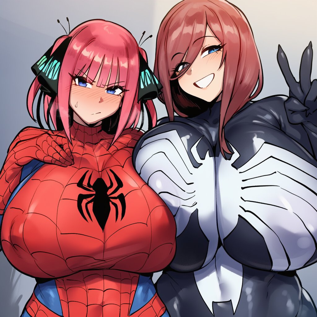ai generated, breasts bigger than head, cosplay, female, female only, girl, go-toubun no hanayome, hnakano88929, marvel, nakano miku, nakano nino, sister, sisters, spider-man (cosplay), tagme, twins, venom (cosplay)