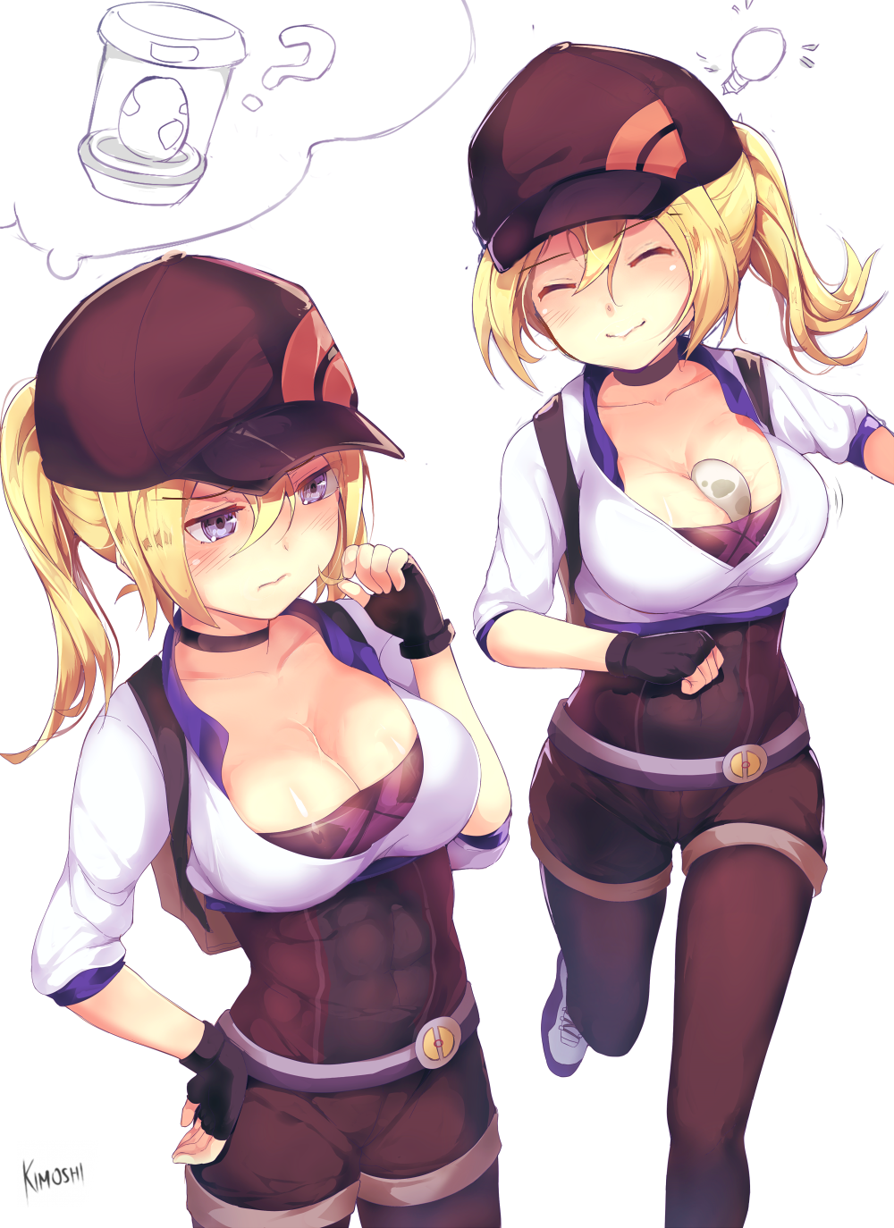 abs artist_name baseball_cap belt between_breasts black_legwear blonde_hair blue_eyes blush breasts choker cleavage closed_eyes deru06 egg female female_protagonist_(pokemon_go) fingerless_gloves gloves hat leggings light_bulb long_hair object_between_breasts pokemon pokemon_go ponytail signature simple_background solo thought_bubble tied_hair toned