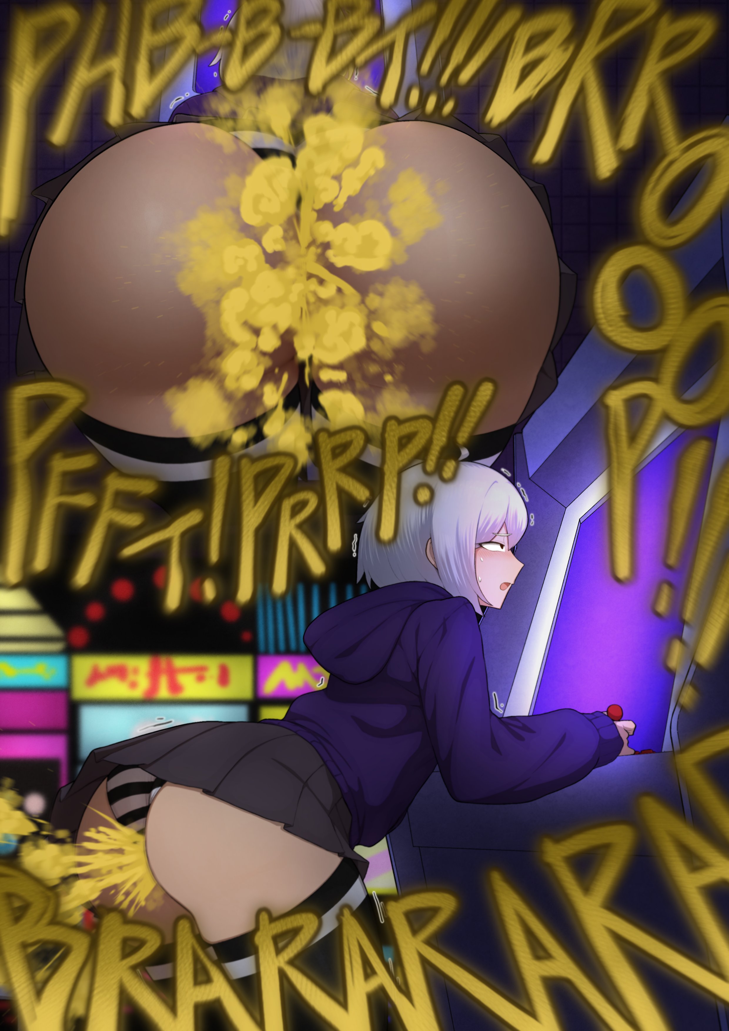 1boy, 2d, absurd res, alternate version at source, alternate version available, arcade, arcade machine, ass, ass focus, back to viewer, bent over, big ass, big butt, big butt (male), big fart, blushing, bubble butt, bubble guts (game), butt, clothing, detailed background, fart, fart cloud, fart fetish, farting, farting at viewer, femboy, femboy focus, femboy only, gasbox, girly, hoodie, huge ass, huge fart, human, legwear, male, male fart, male only, miniskirt, multiple angles, no genitals, no sex, onomatopoeia, panties, playing videogame, skirt, solo, solo male, standing, stockings, striped panties, sweating, text, thick thighs, thighs, twitter link, video game, white hair, yakbang