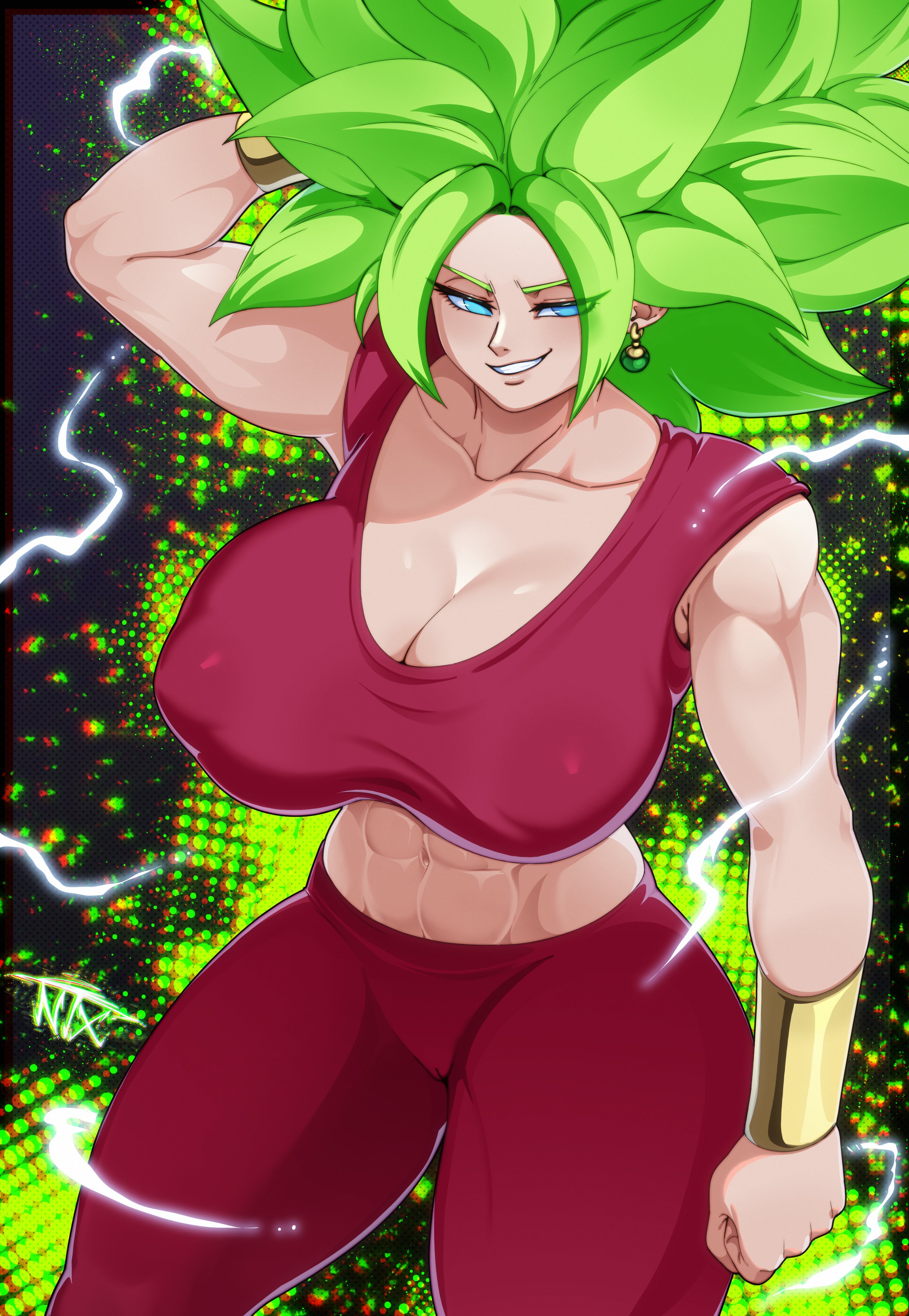 1girls, abs, big breasts, breasts, cleavage, dragon ball, dragon ball super, female, green hair, huge breasts, kefla, muscular, muscular female, neontetrix, nipple bulge, solo